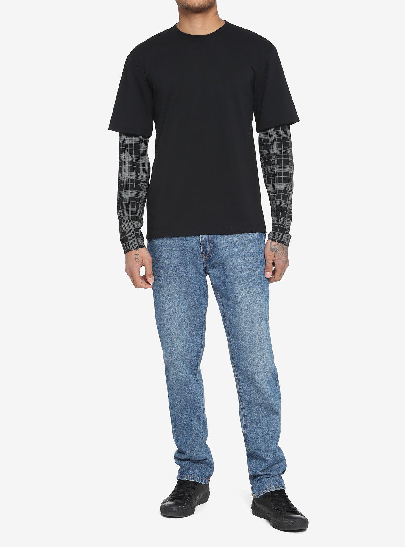 Black & Grey Plaid Sleeve Twofer Long-Sleeve T-Shirt, BLACK, alternate
