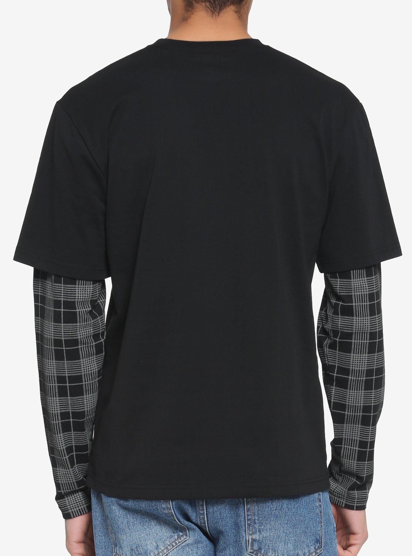 Black & Grey Plaid Sleeve Twofer Long-Sleeve T-Shirt, BLACK, alternate