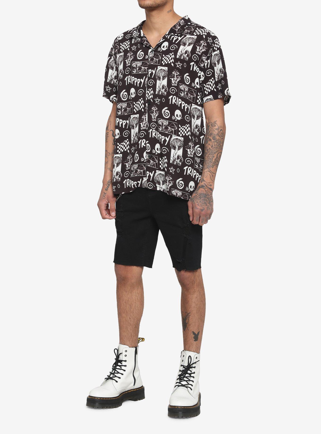 Trippy Mushroom Skull Woven Button-Up, BLACK, alternate