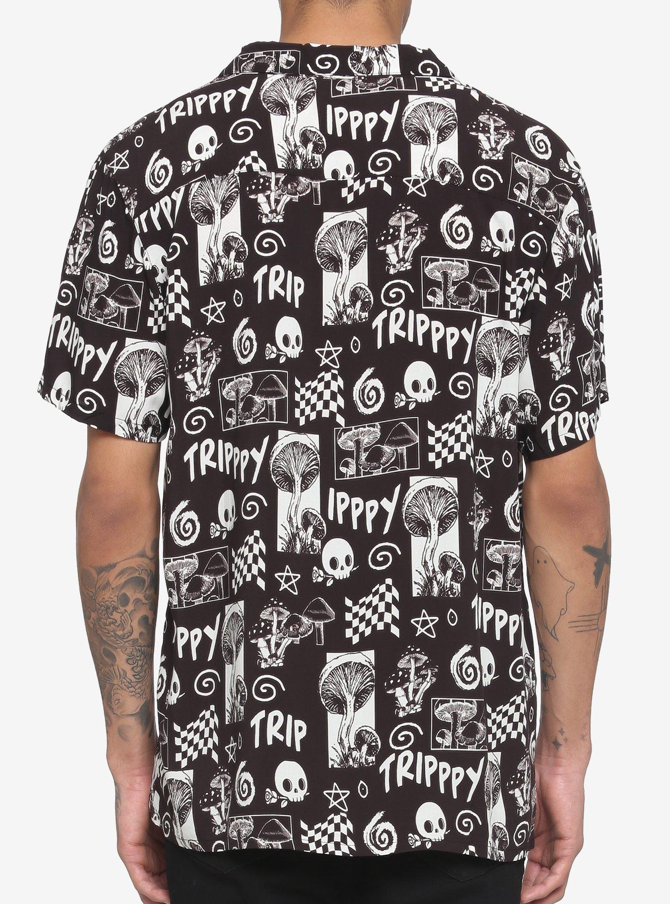 Trippy Mushroom Skull Woven Button-Up, BLACK, alternate