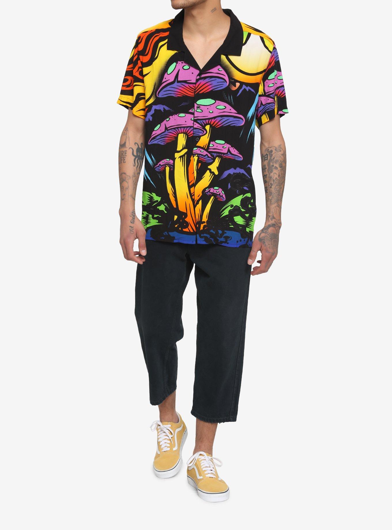 Trippy Mushroom Woven Button-Up, BLACK, alternate