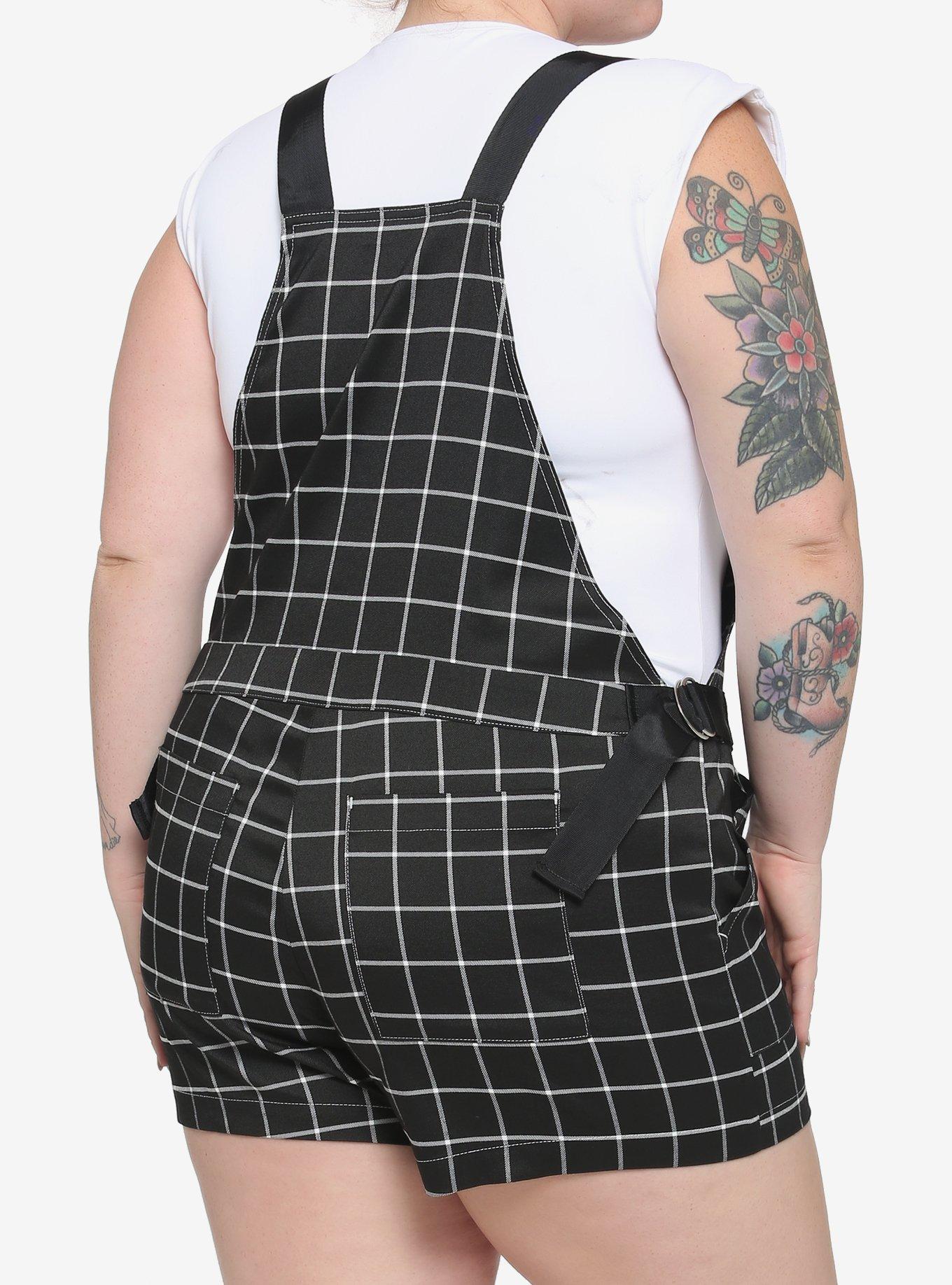 Black & White Grid Print Shortalls Plus Size, BLACK, alternate