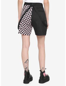 Black & Pink Split Checkered Suspender Shorts, , hi-res