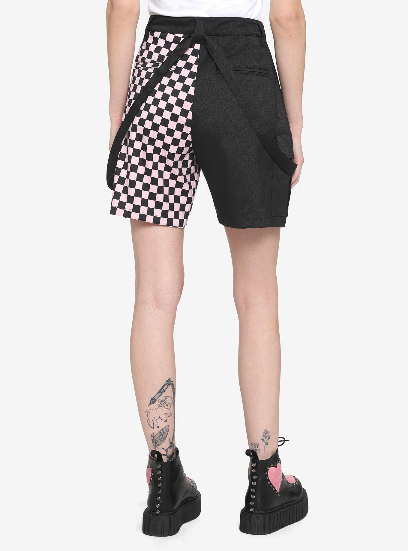 Black & Pink Split Checkered Suspender Shorts, LIGHT PINK, alternate