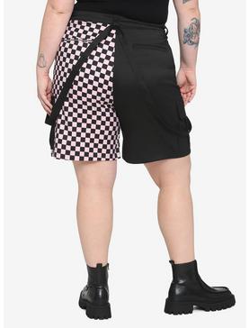 Black & Pink Split Checkered Suspender Shorts Plus Size, , hi-res