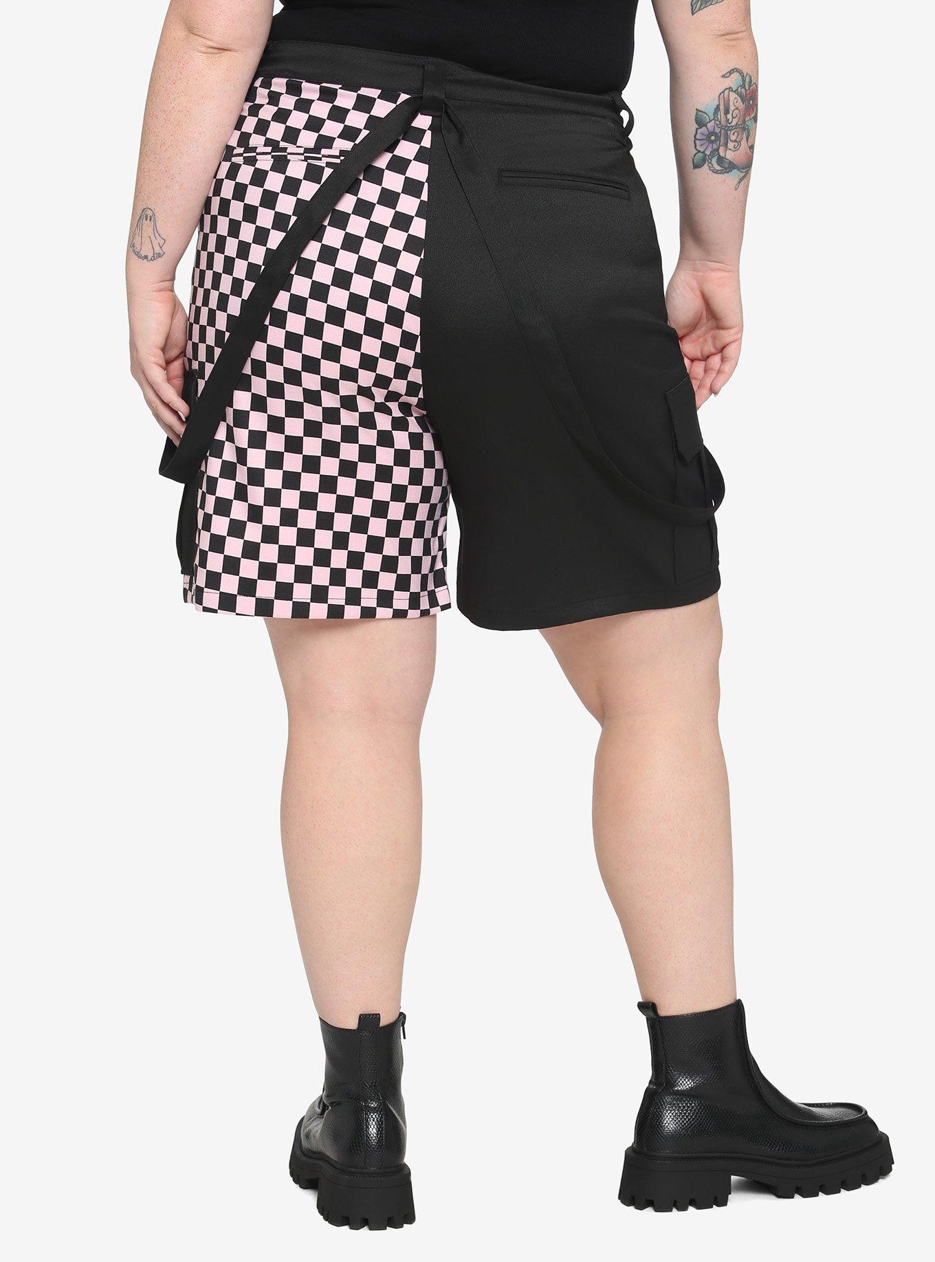 Black & Pink Split Checkered Suspender Shorts Plus Size, LIGHT PINK, alternate