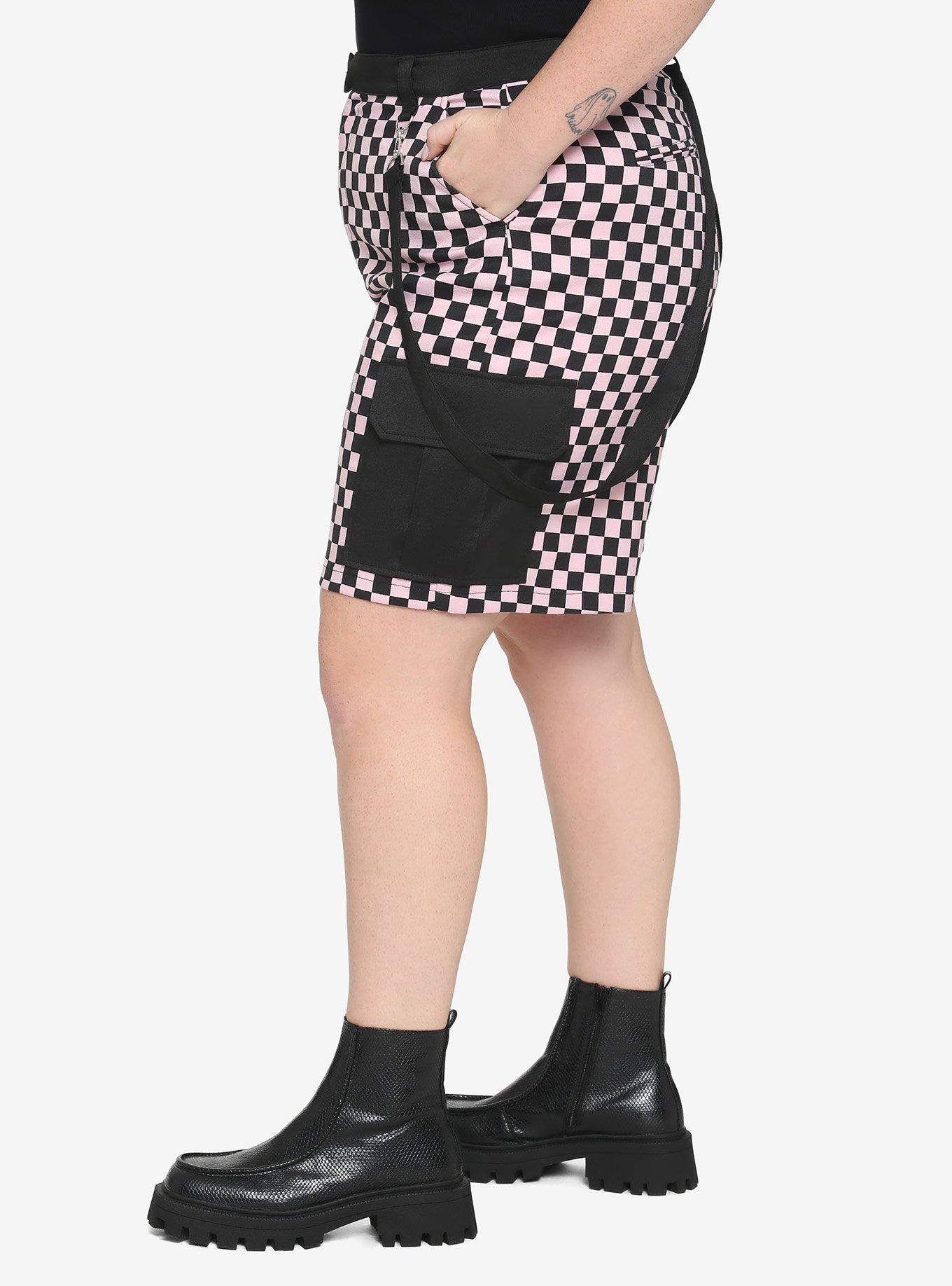 Black & Pink Split Checkered Suspender Shorts Plus Size, LIGHT PINK, alternate