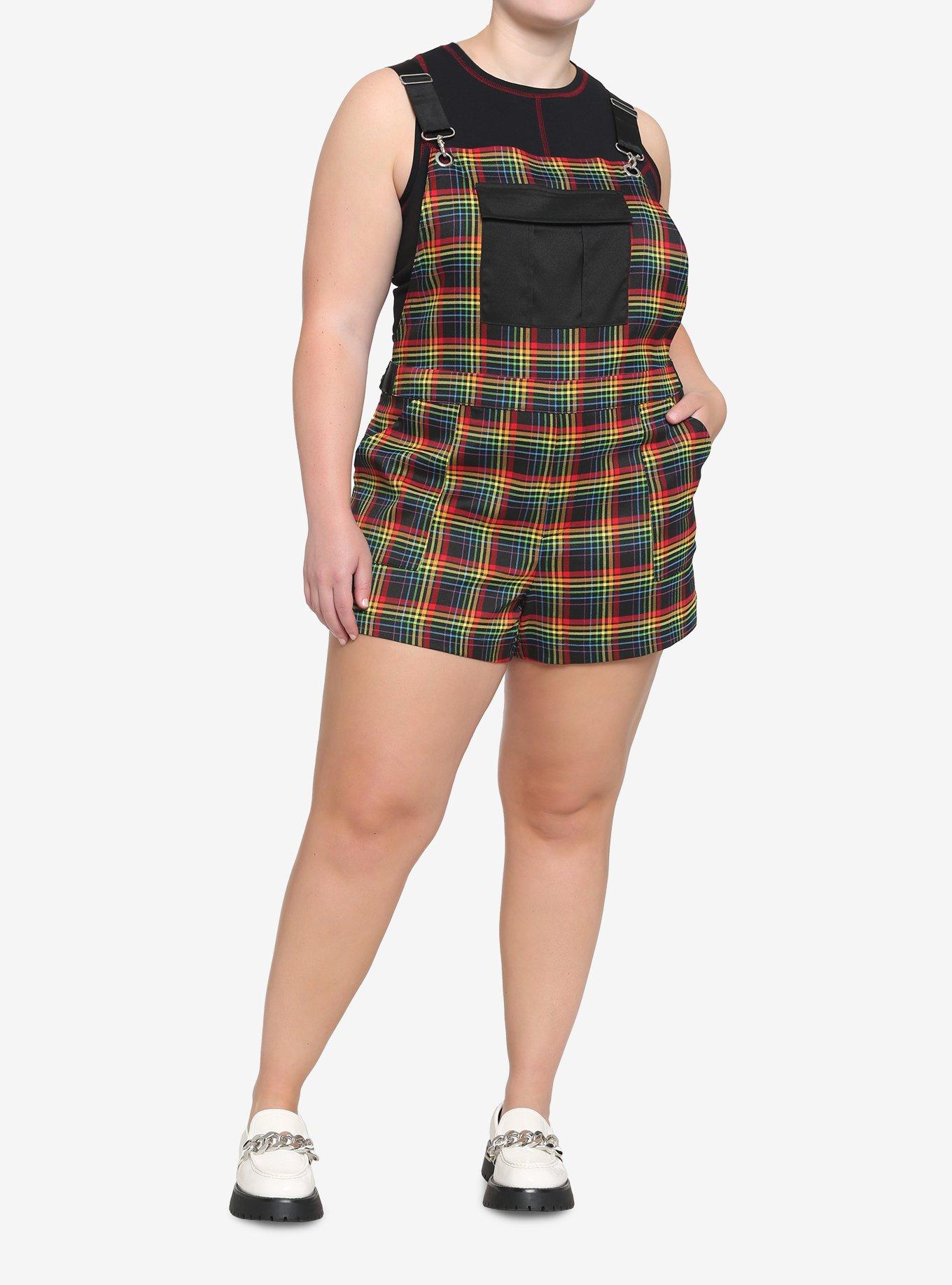 Rainbow Grid Utility Shortalls Plus Size, BLACK, alternate