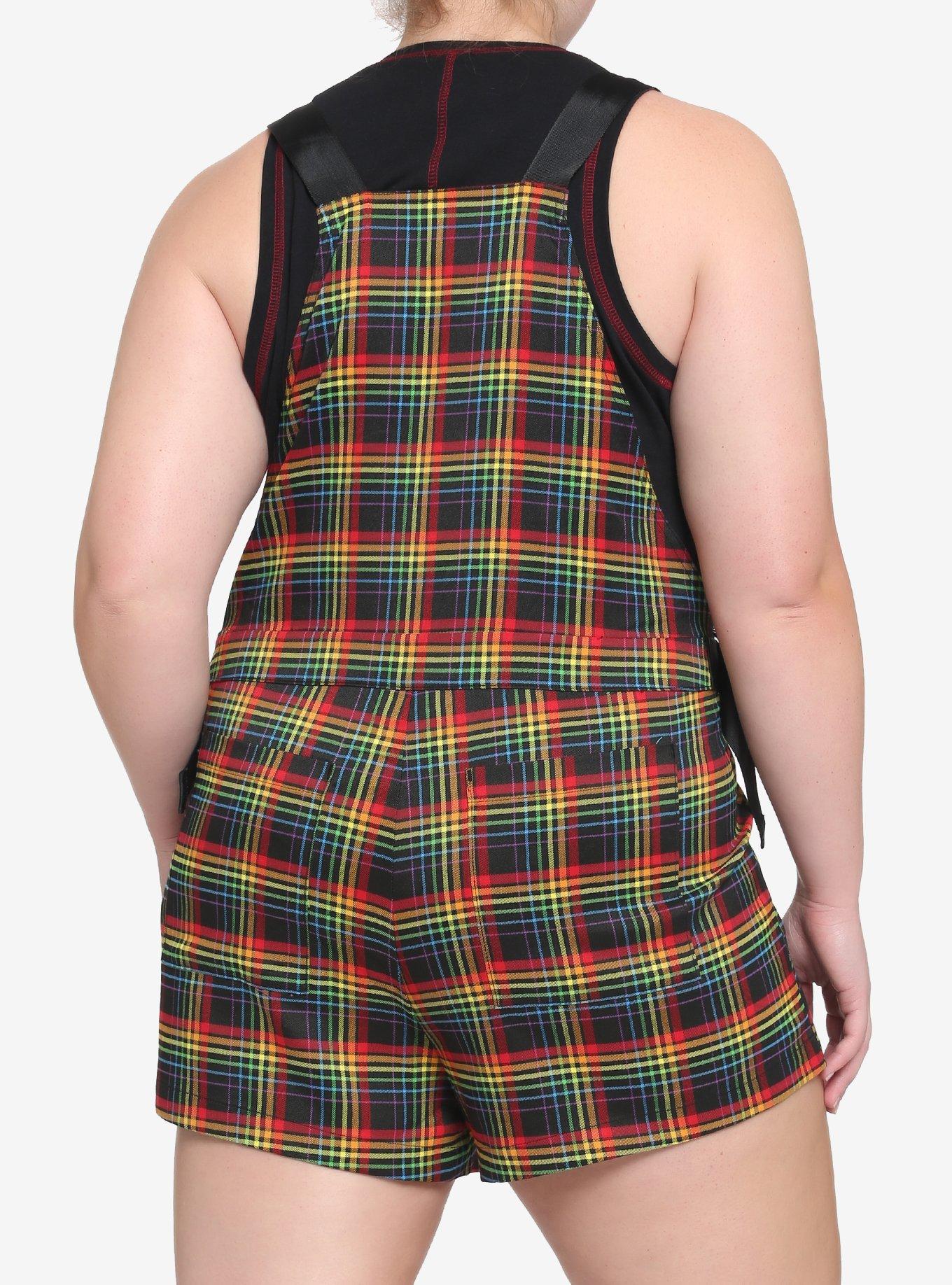 Rainbow Grid Utility Shortalls Plus Size, BLACK, alternate