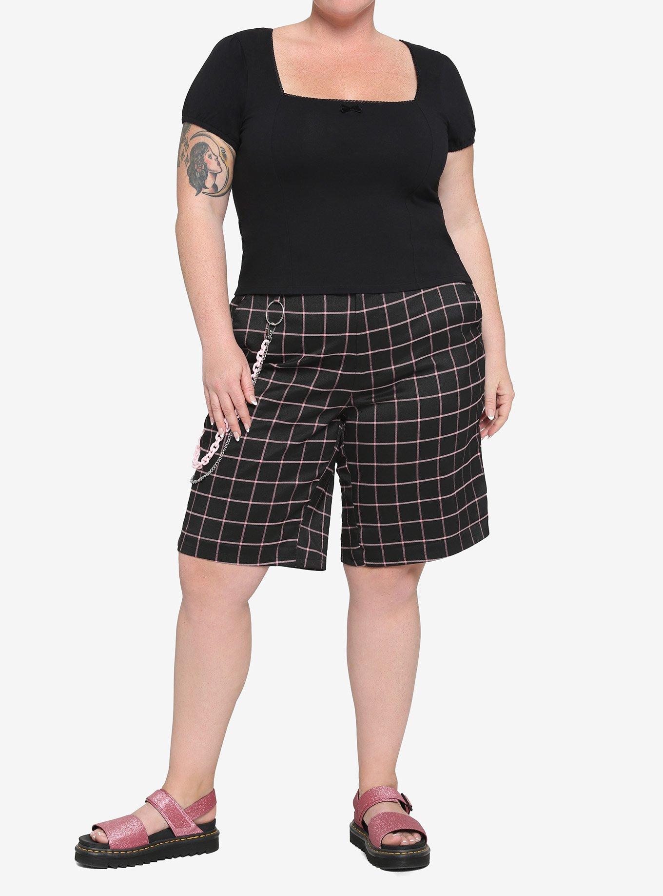 Pink & Black Grid Shorts Plus Size, BLACK, alternate
