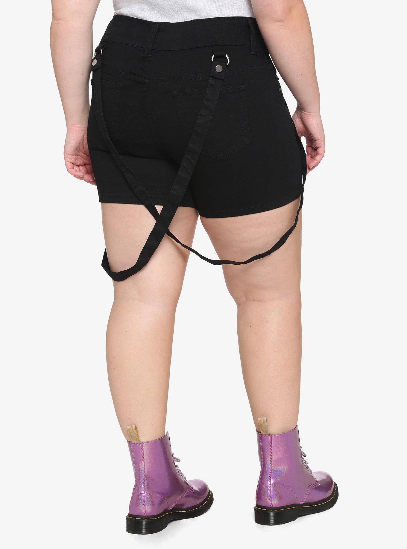 Black Hi-Rise Suspender Shorts Plus Size, BLACK, alternate