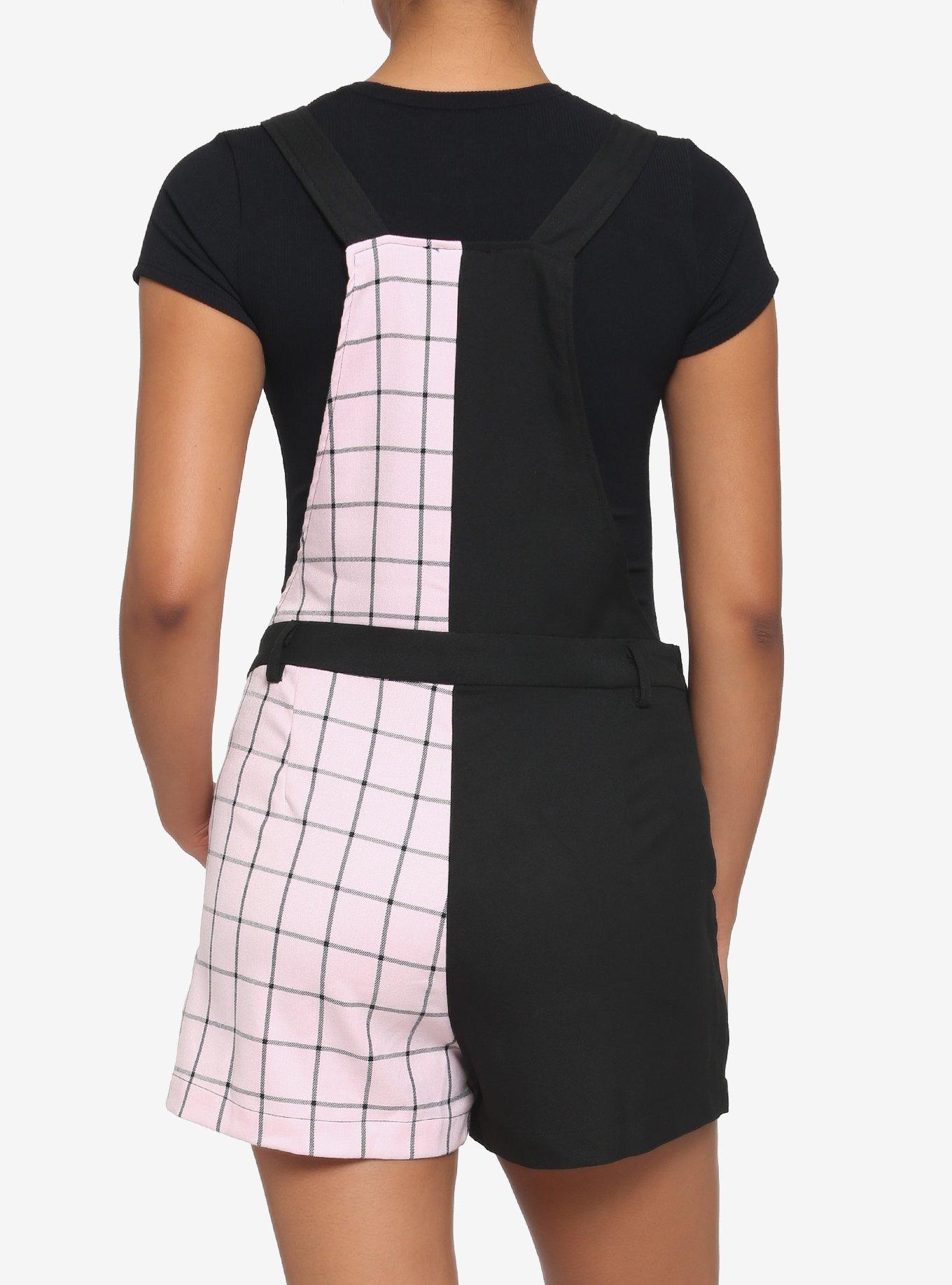 Black & Pink Grid Split Shortalls, BLACK, alternate
