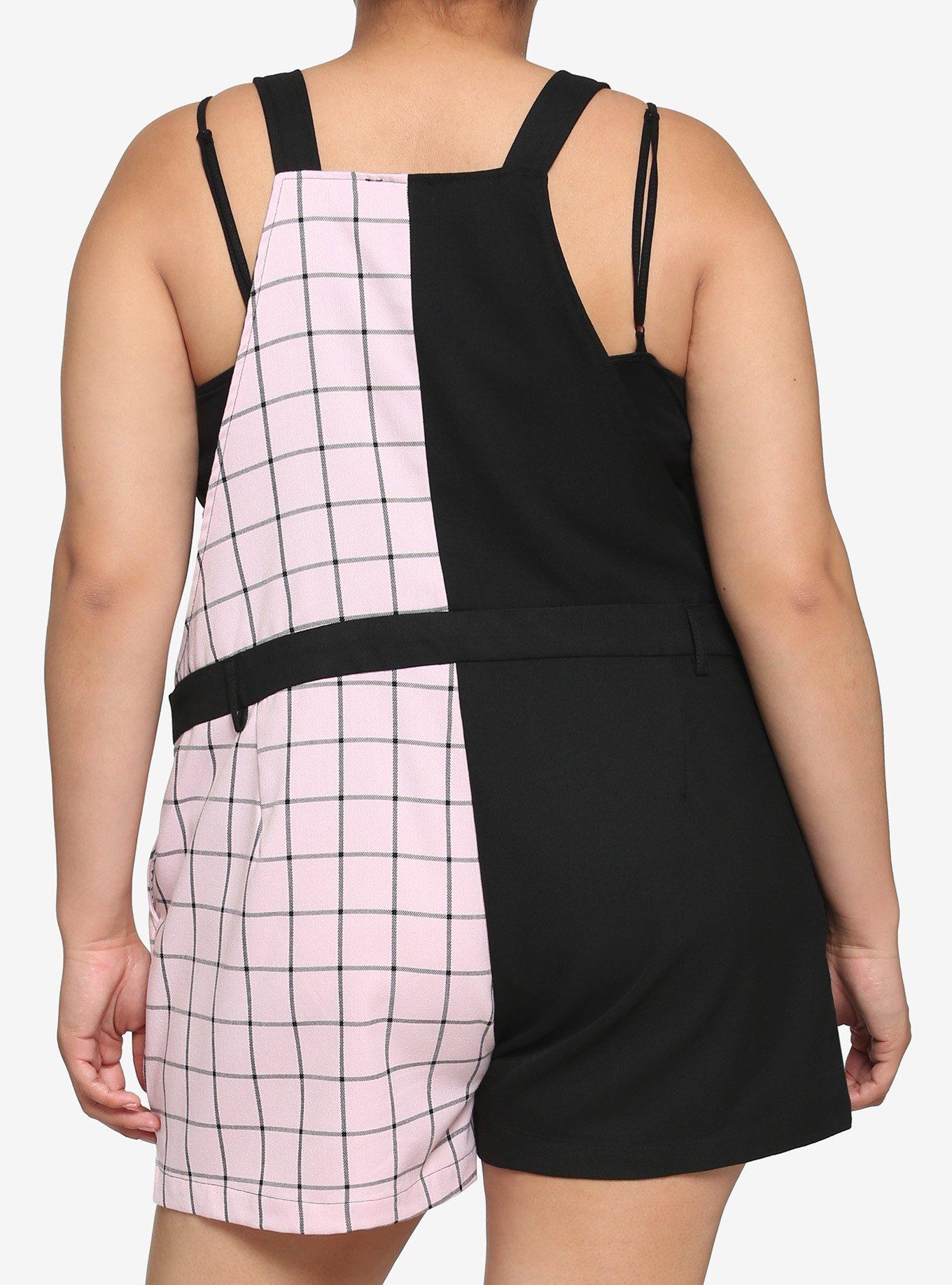 Black & Pink Grid Split Shortalls Plus Size, BLACK, alternate
