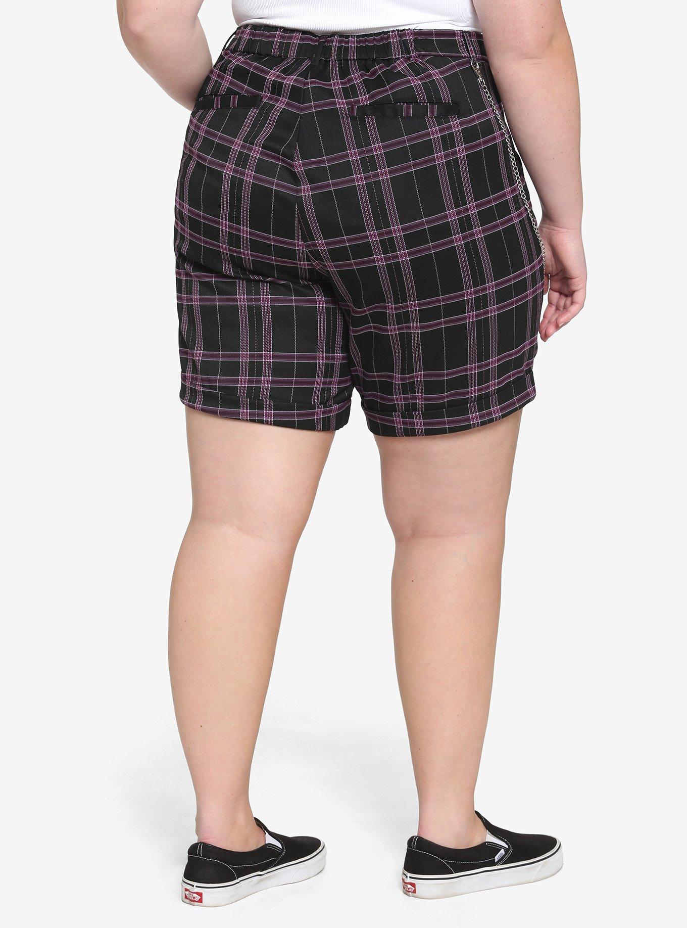 Purple & Black Shorts Plus Size, PLAID - PURPLE, alternate