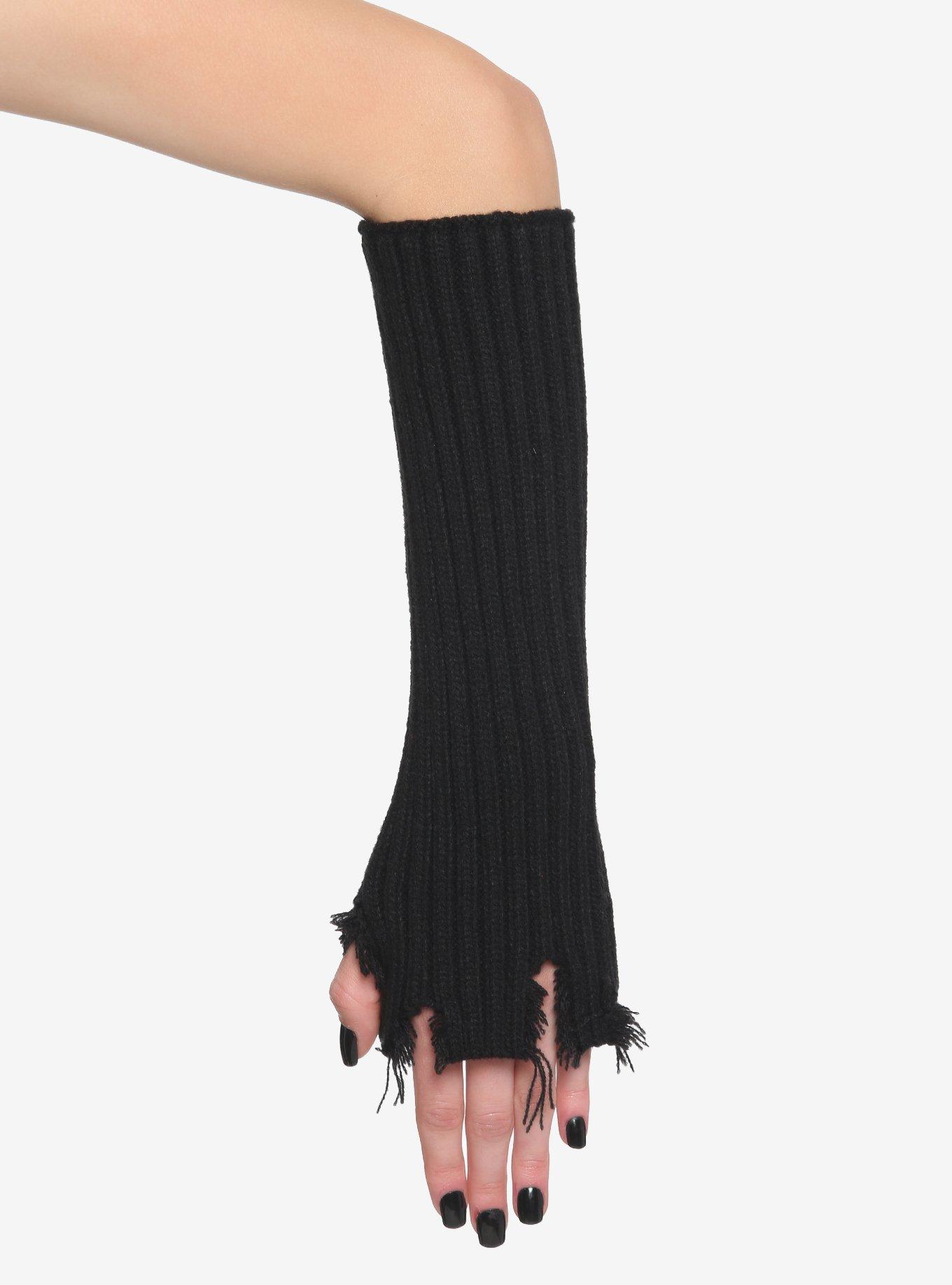 Black Woven Distressed Arm Warmers, , alternate