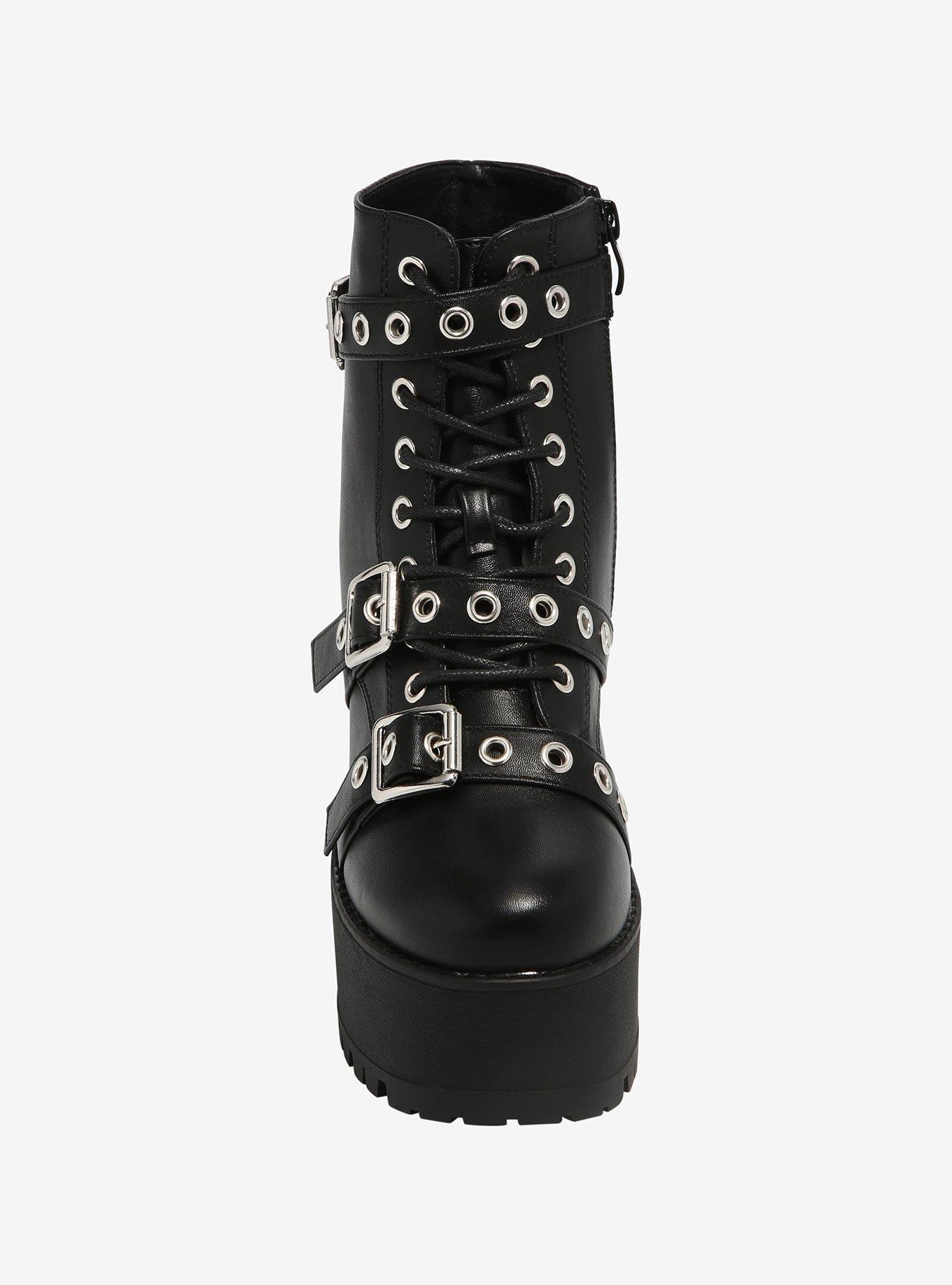Black Multi Buckle Lace-Up Platform Boots, MULTI, alternate