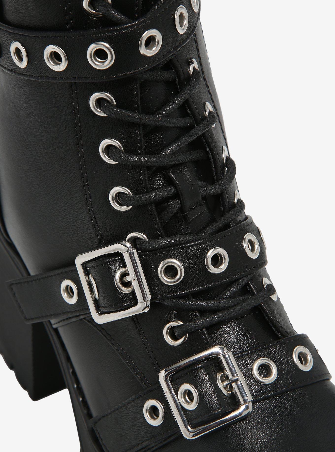 Black Multi Buckle Lace-Up Platform Boots, MULTI, alternate