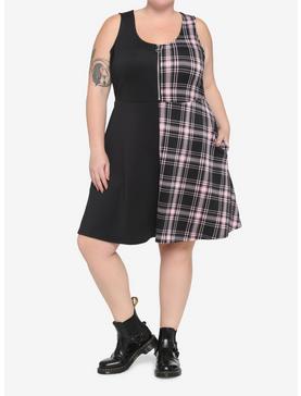 Black & Pink Plaid Split Skater Dress Plus Size, , hi-res