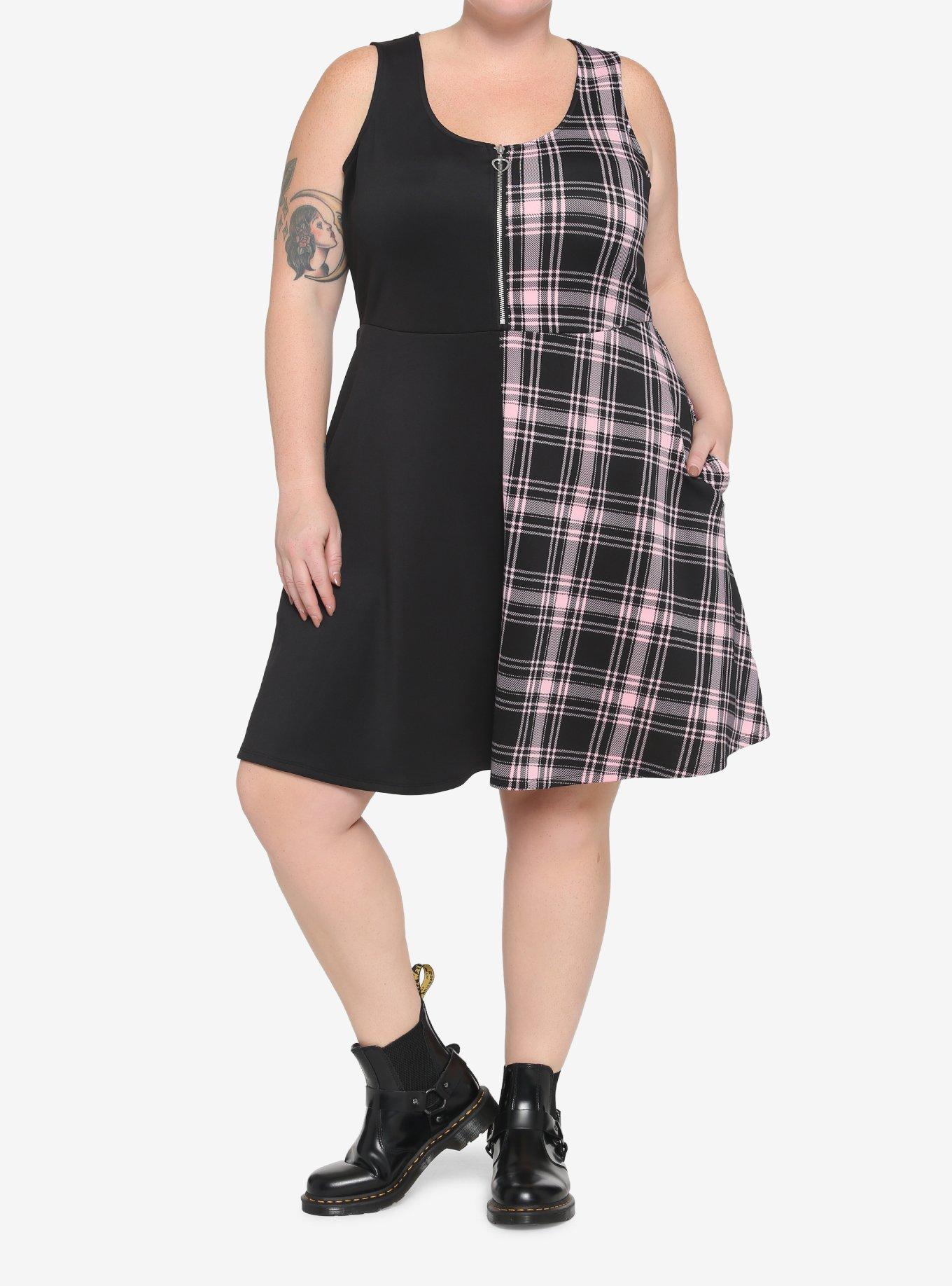 Black & Pink Plaid Split Skater Dress Plus Size, , alternate