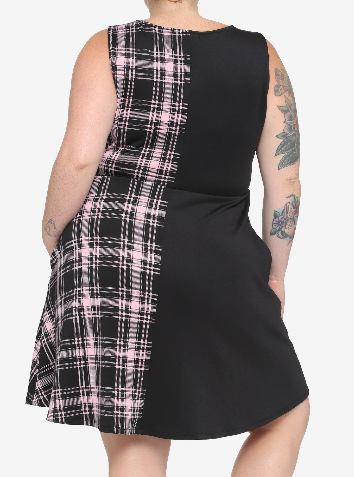 Black & Pink Plaid Split Skater Dress Plus Size, , alternate