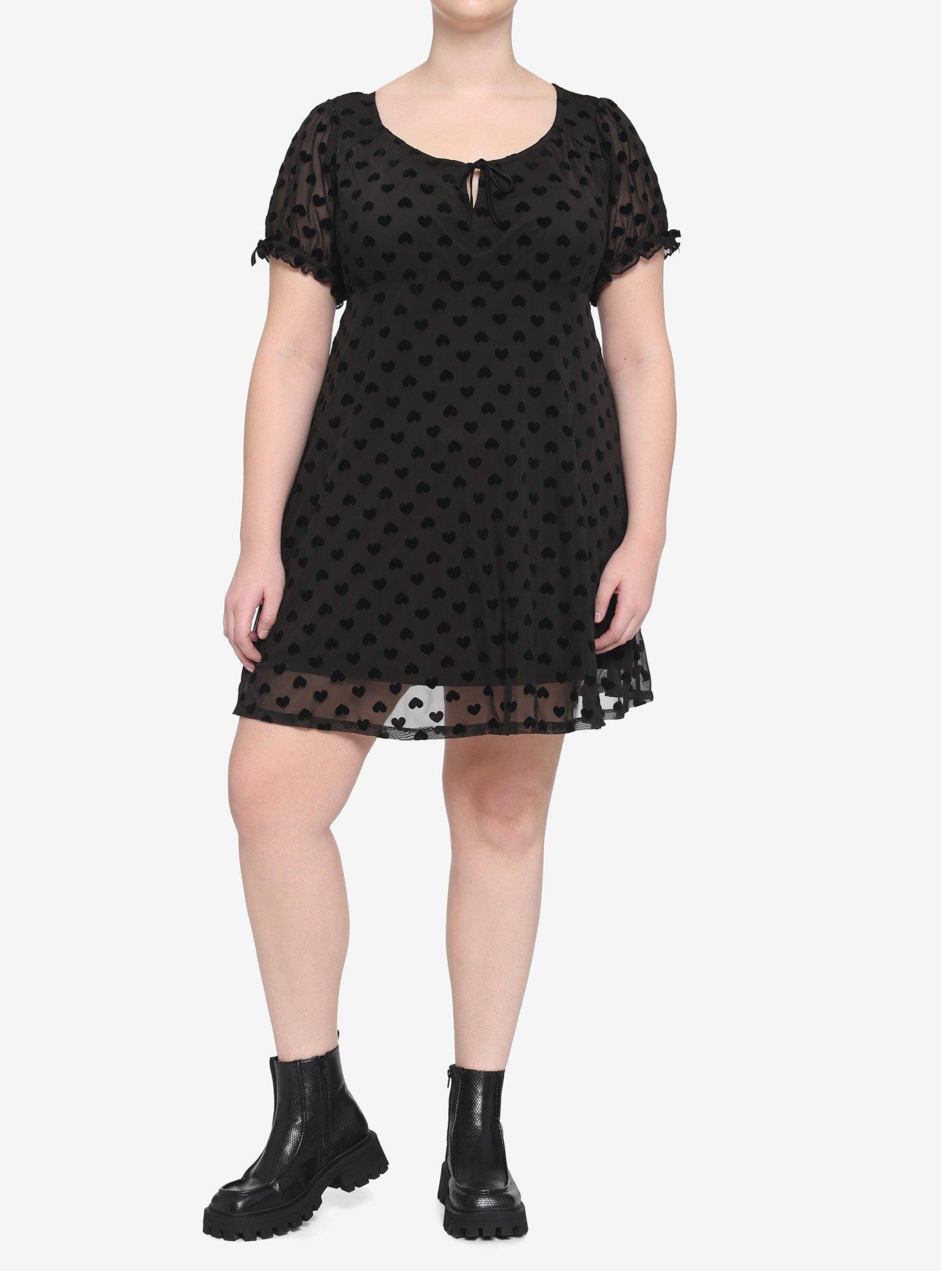 Black Flocked Heart Babydoll Dress Plus Size, BLACK, alternate