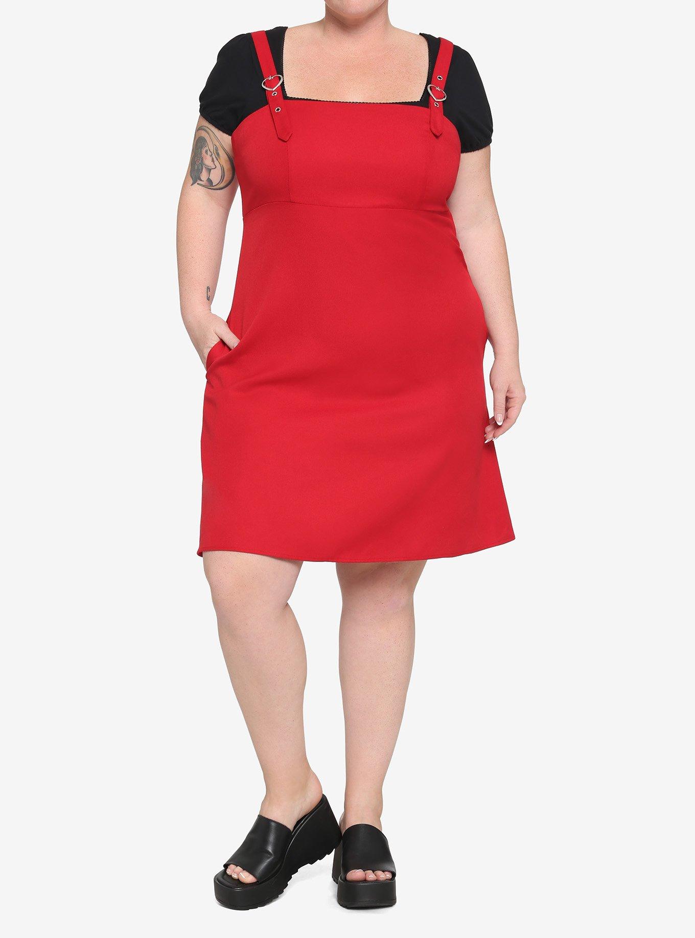 Red Heart Buckle Pinafore Dress Plus Size, RED, alternate