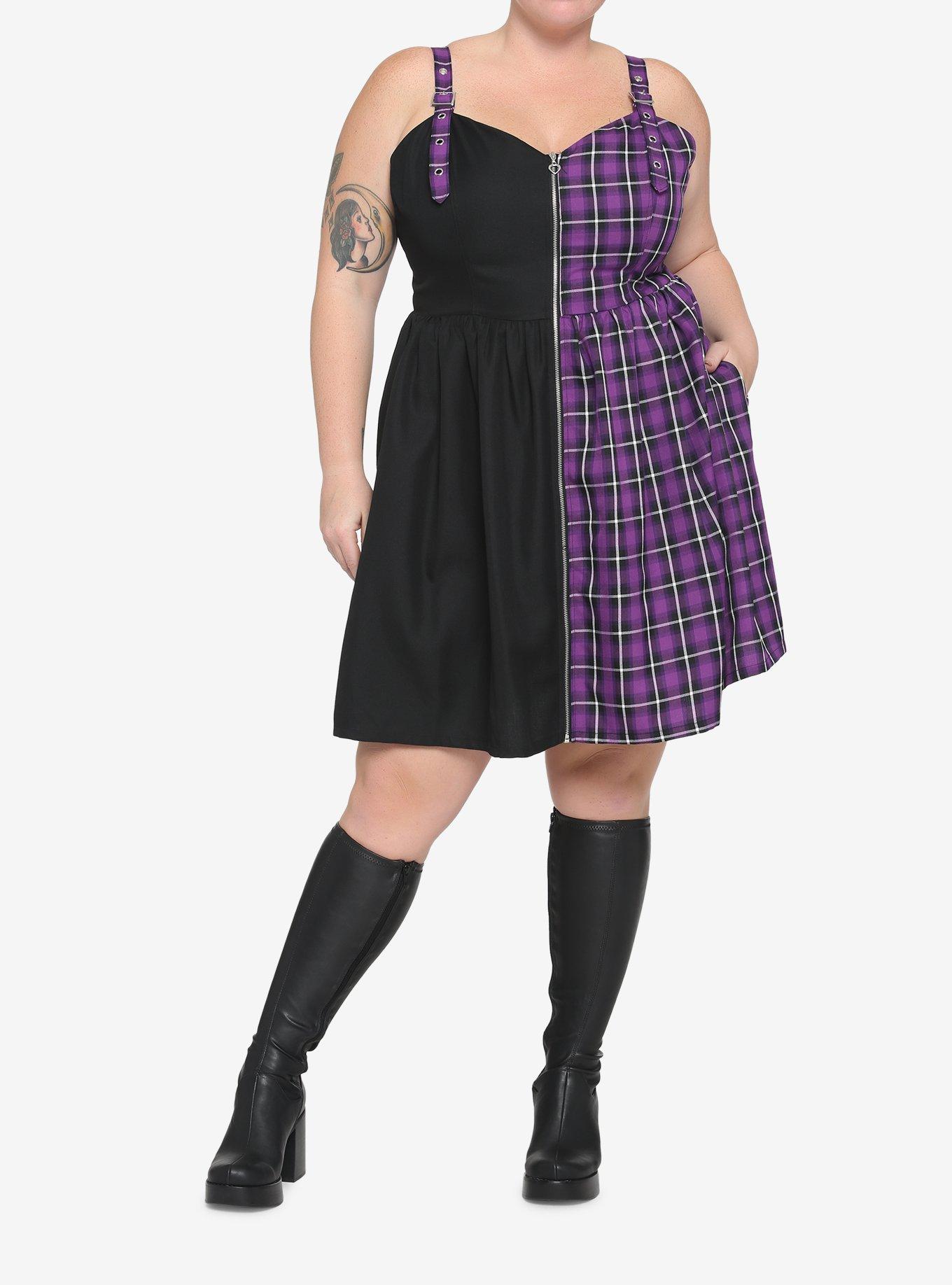 Black & Purple Plaid Split Dress Plus Size, , alternate