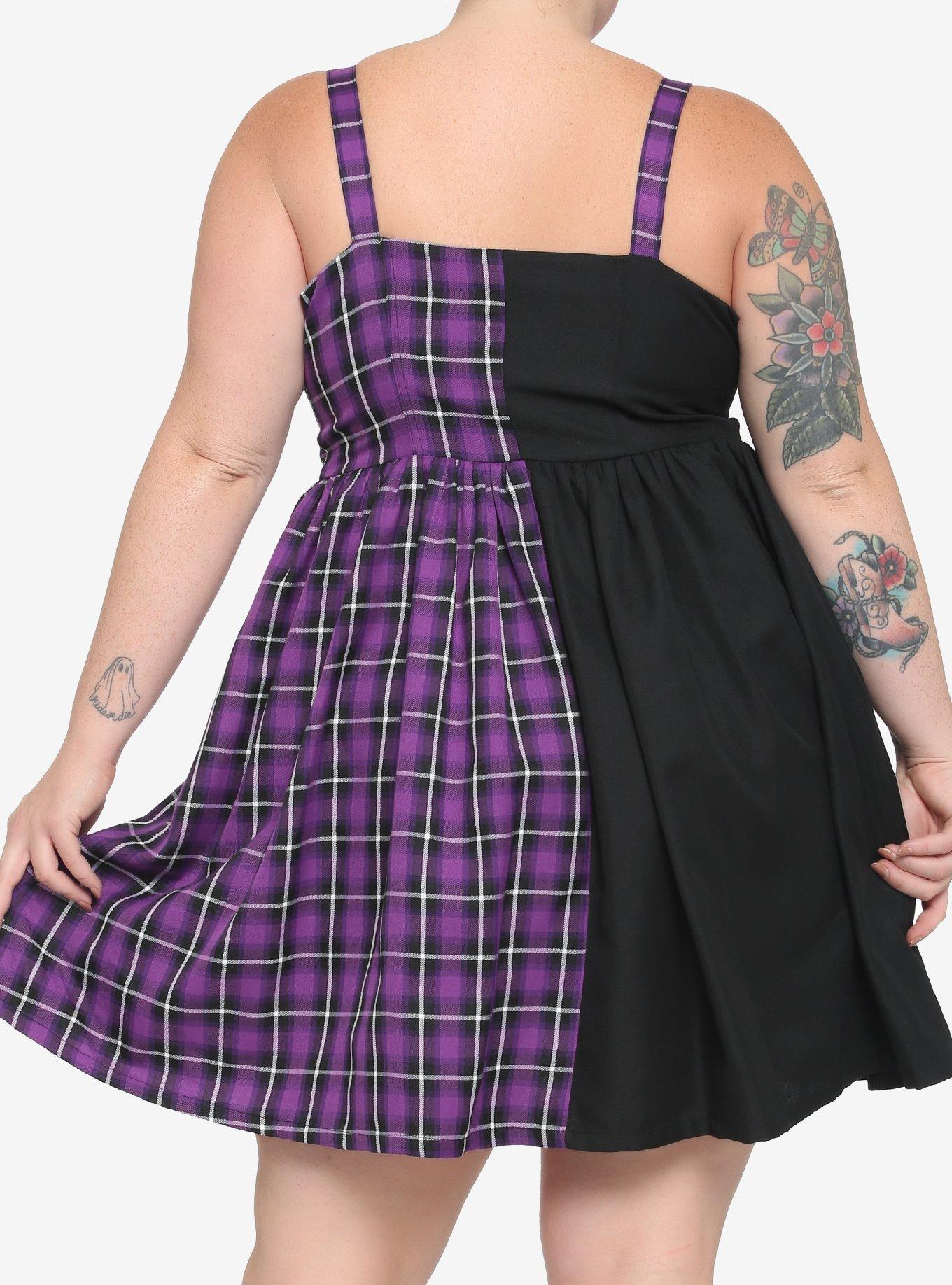 Black & Purple Plaid Split Dress Plus Size, , alternate