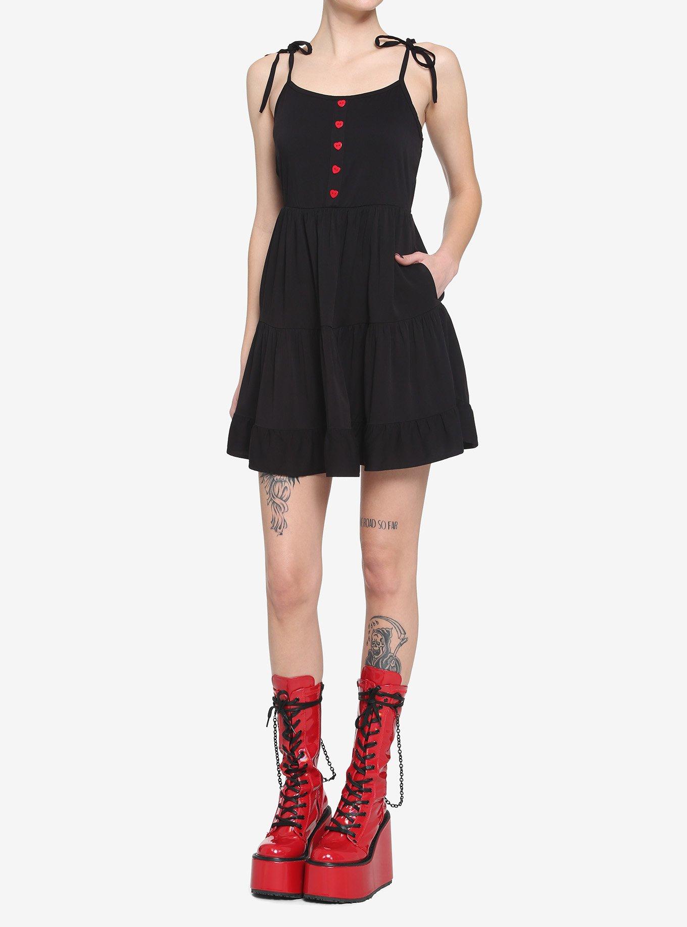 Black Heart Button Tie-Strap Tiered Dress, BLACK, alternate