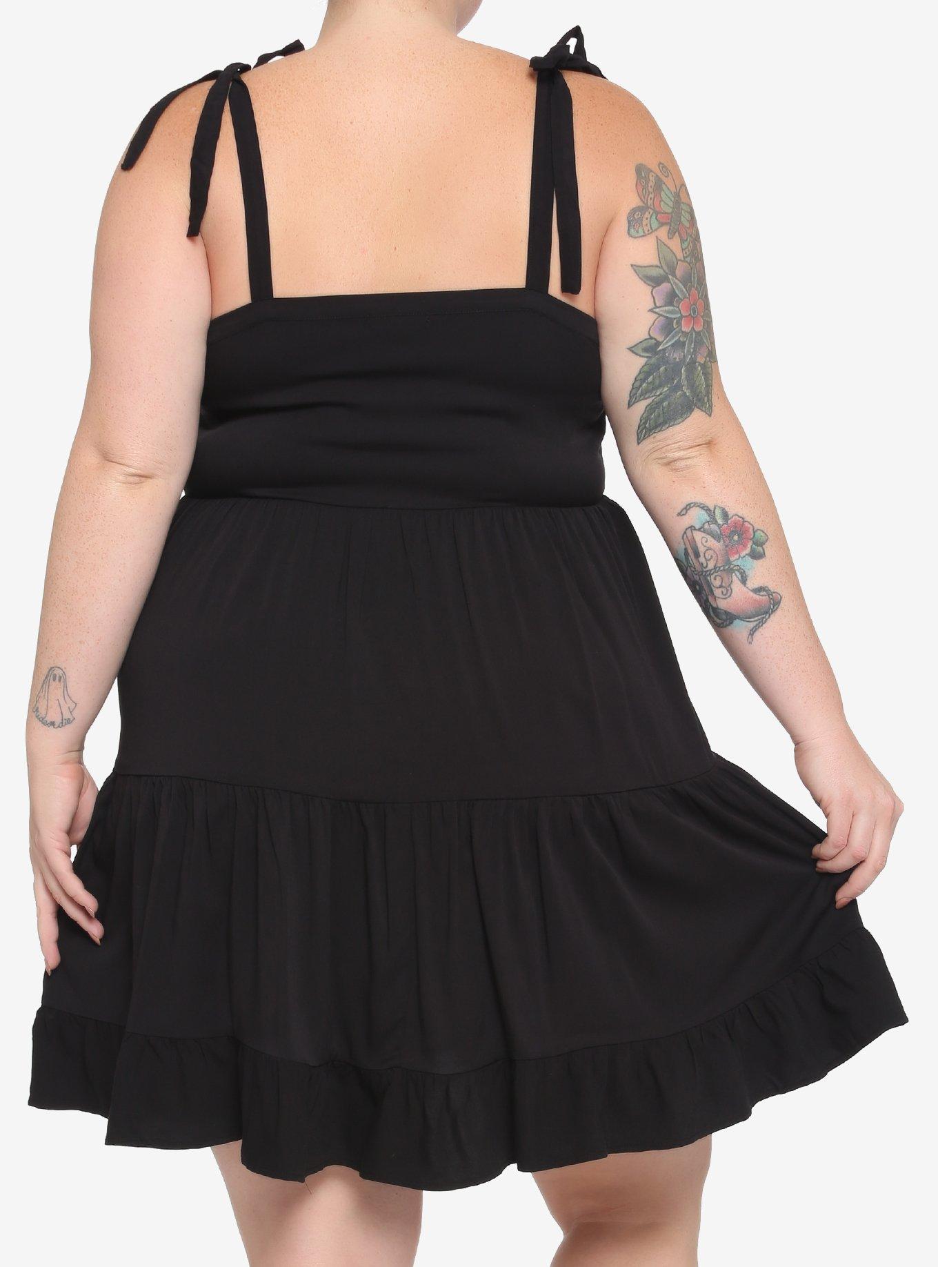 Black Heart Button Tie-Strap Tiered Dress Plus Size, BLACK, alternate