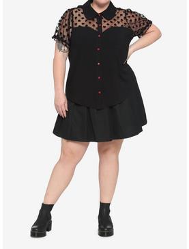 Black Flocked Heart Girls Woven Button-Up Plus Size, , hi-res