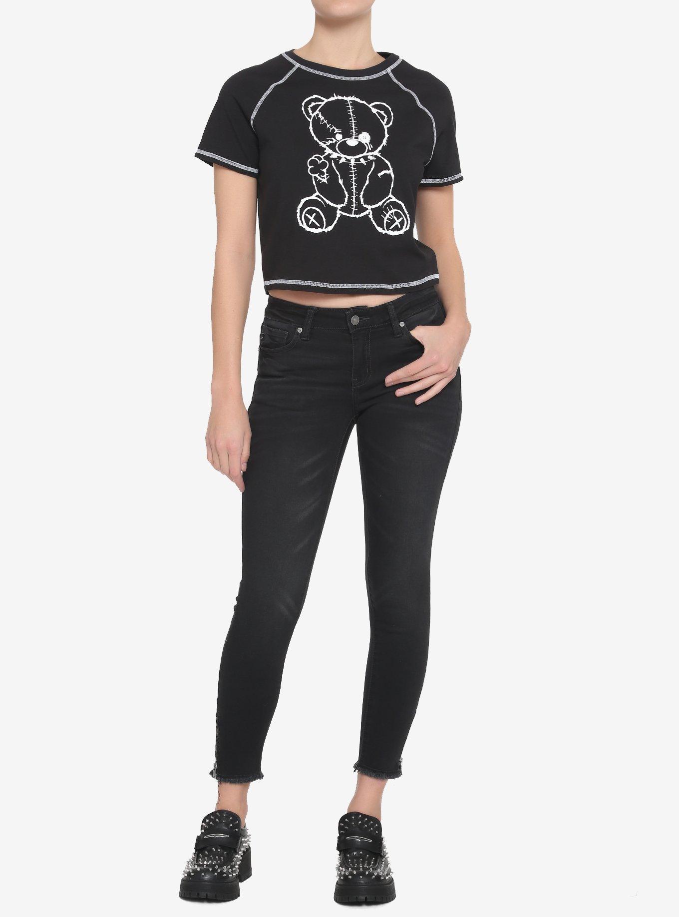 Black & White Damaged Teddy Bear Girls Crop T-Shirt, BLACK, alternate