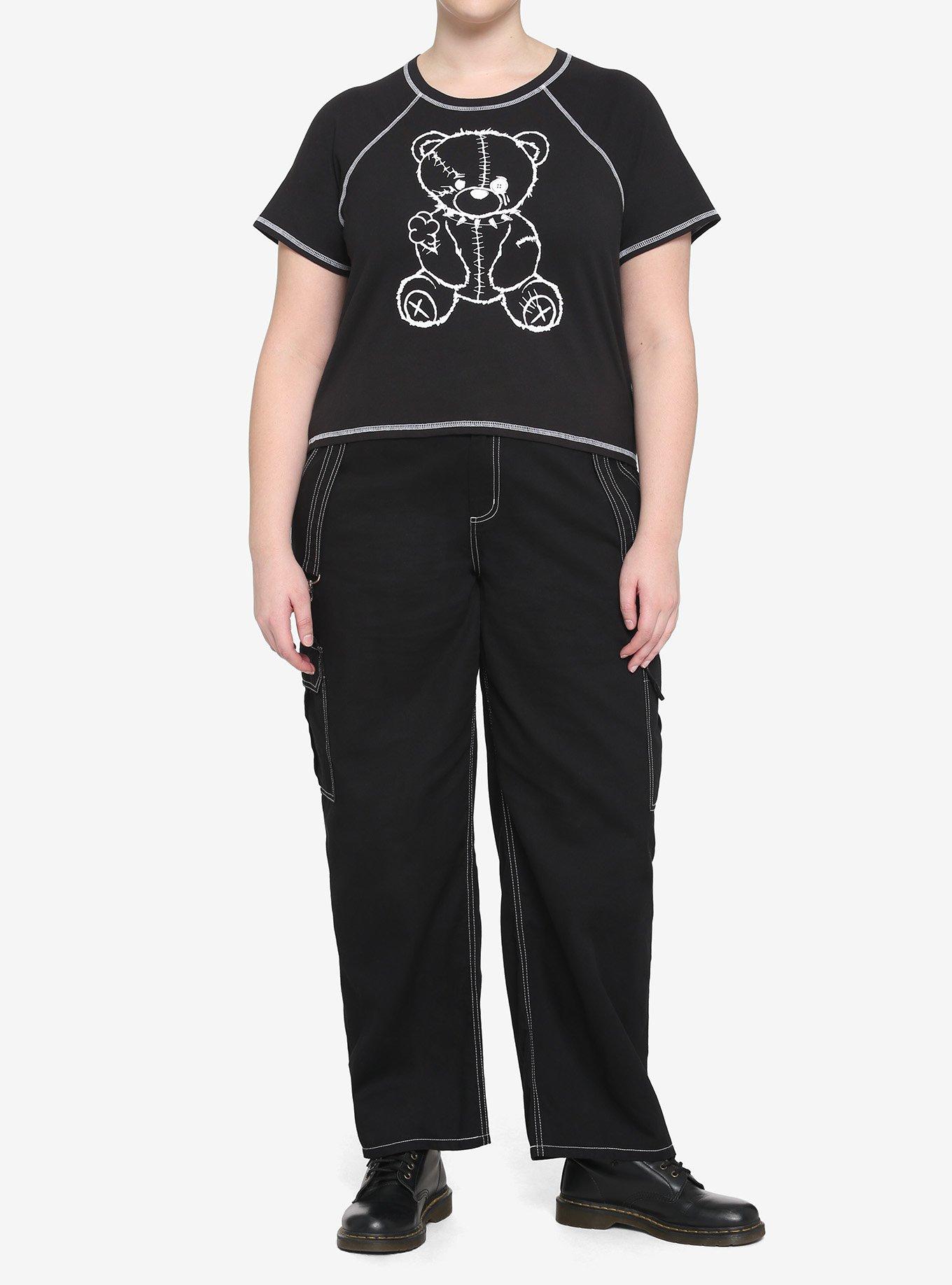 Black & White Damaged Teddy Bear Girls Crop T-Shirt Plus Size, BLACK, alternate