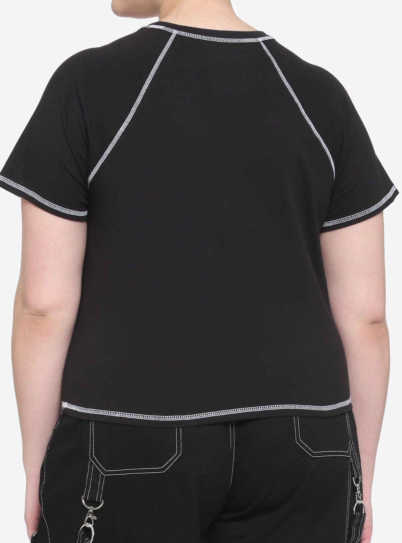 Black & White Damaged Teddy Bear Girls Crop T-Shirt Plus Size, BLACK, alternate