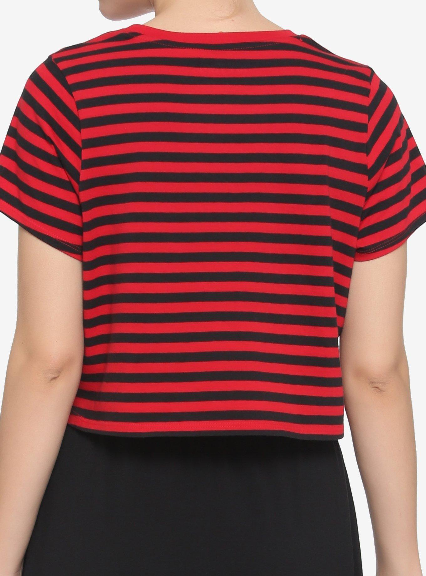 Red & Black Stripe Heart Girls Boxy Crop T-Shirt, STRIPES - RED, alternate