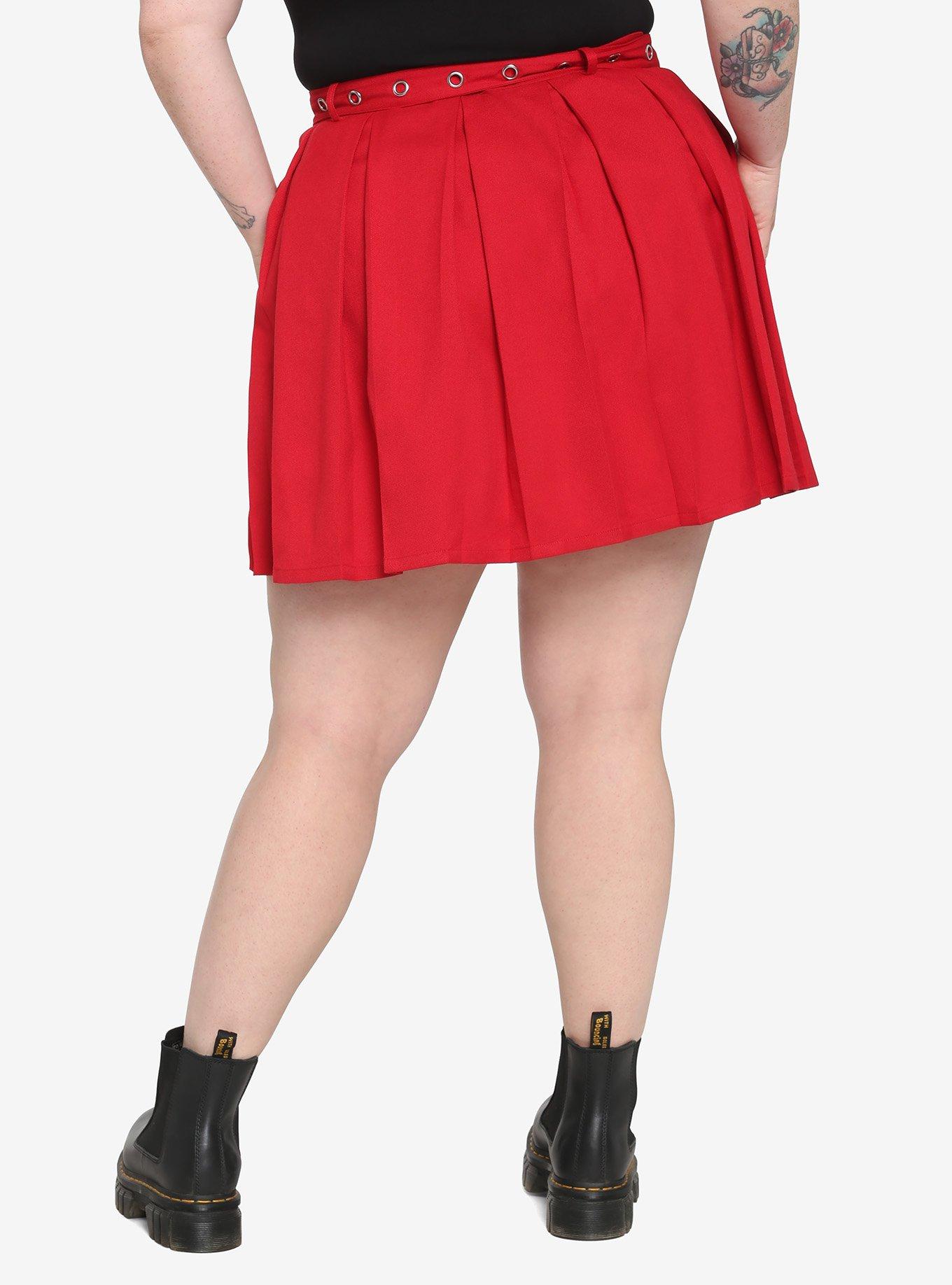 Red Heart Grommet Belt Pleated Skirt Plus Size, RED, alternate