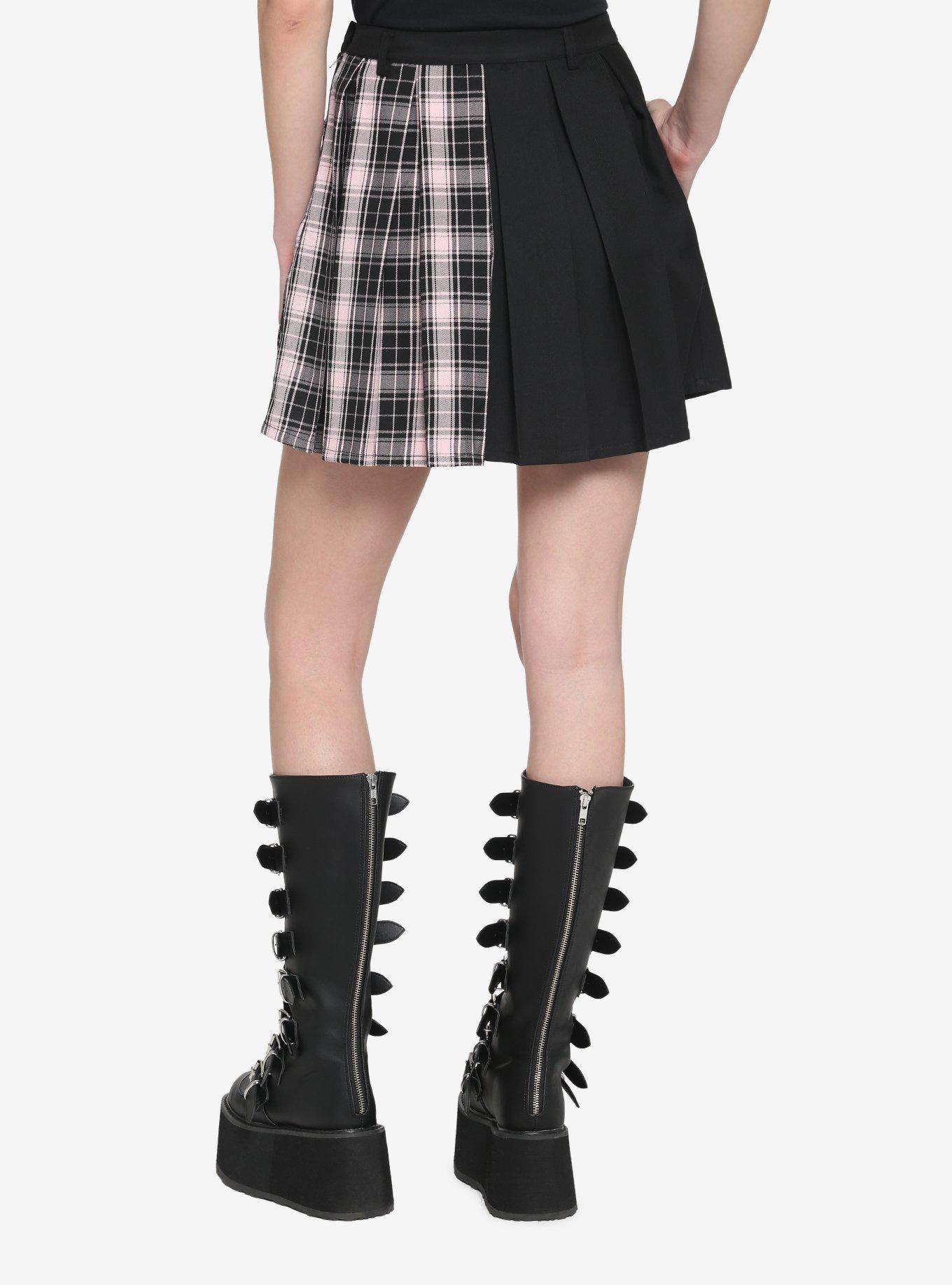 Black & Pink Plaid Split Chain Skirt, , alternate