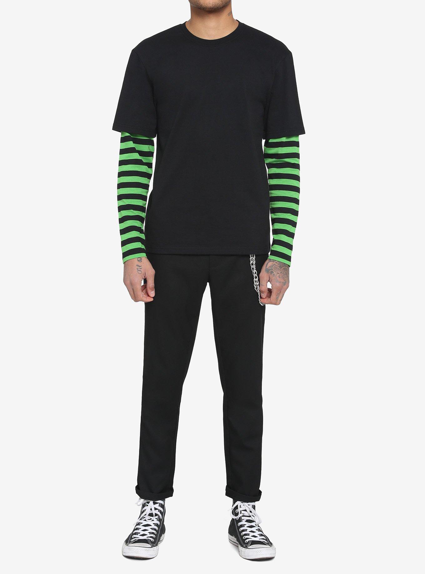Black & Neon Green Stripe Sleeve Long-Sleeve T-Shirt, BLACK  GREEN, alternate