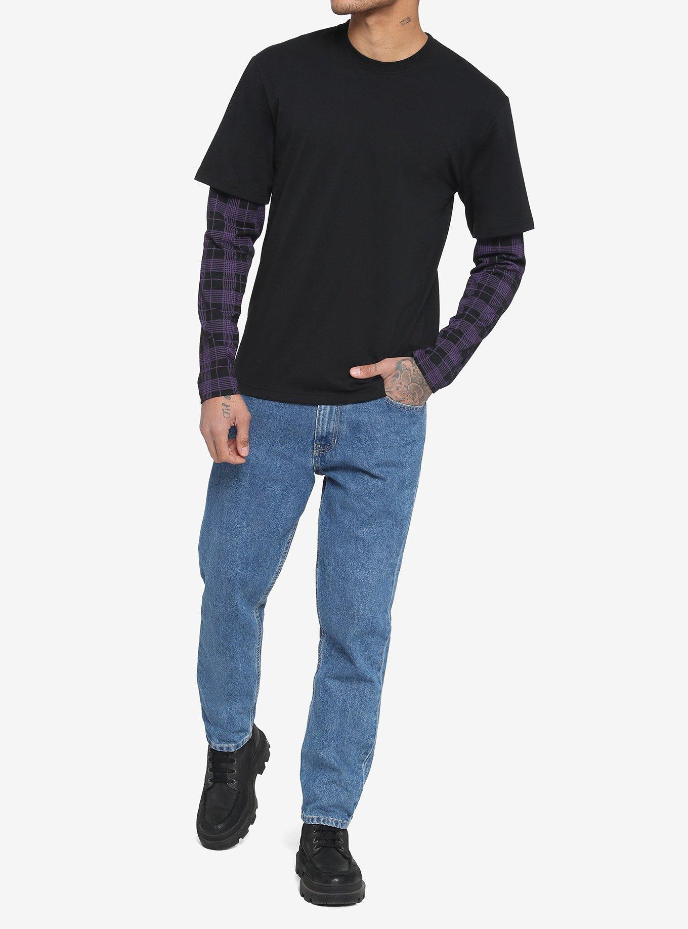 Black & Purple Plaid Sleeve Twofer Long-Sleeve T-Shirt, BLACK  PURPLE, alternate