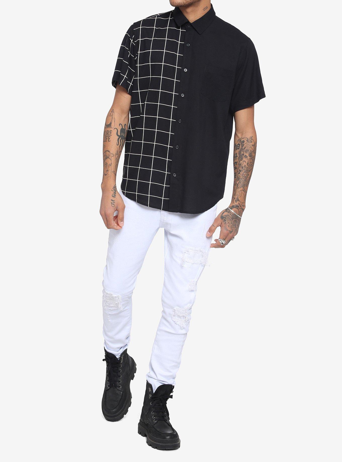 White & Black Grid Split Woven Button-Up, BLACK  WHITE, alternate