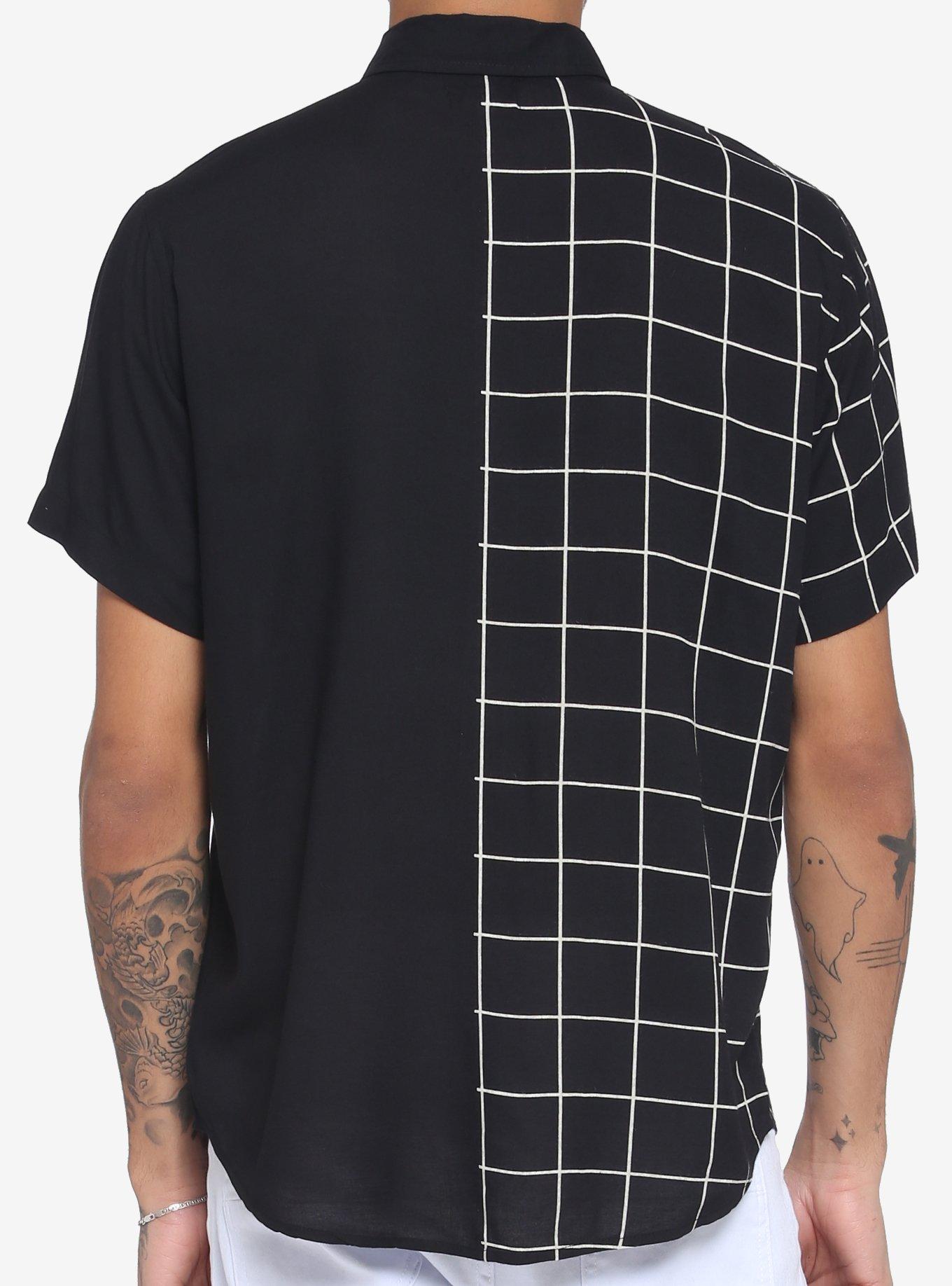 White & Black Grid Split Woven Button-Up, BLACK  WHITE, alternate