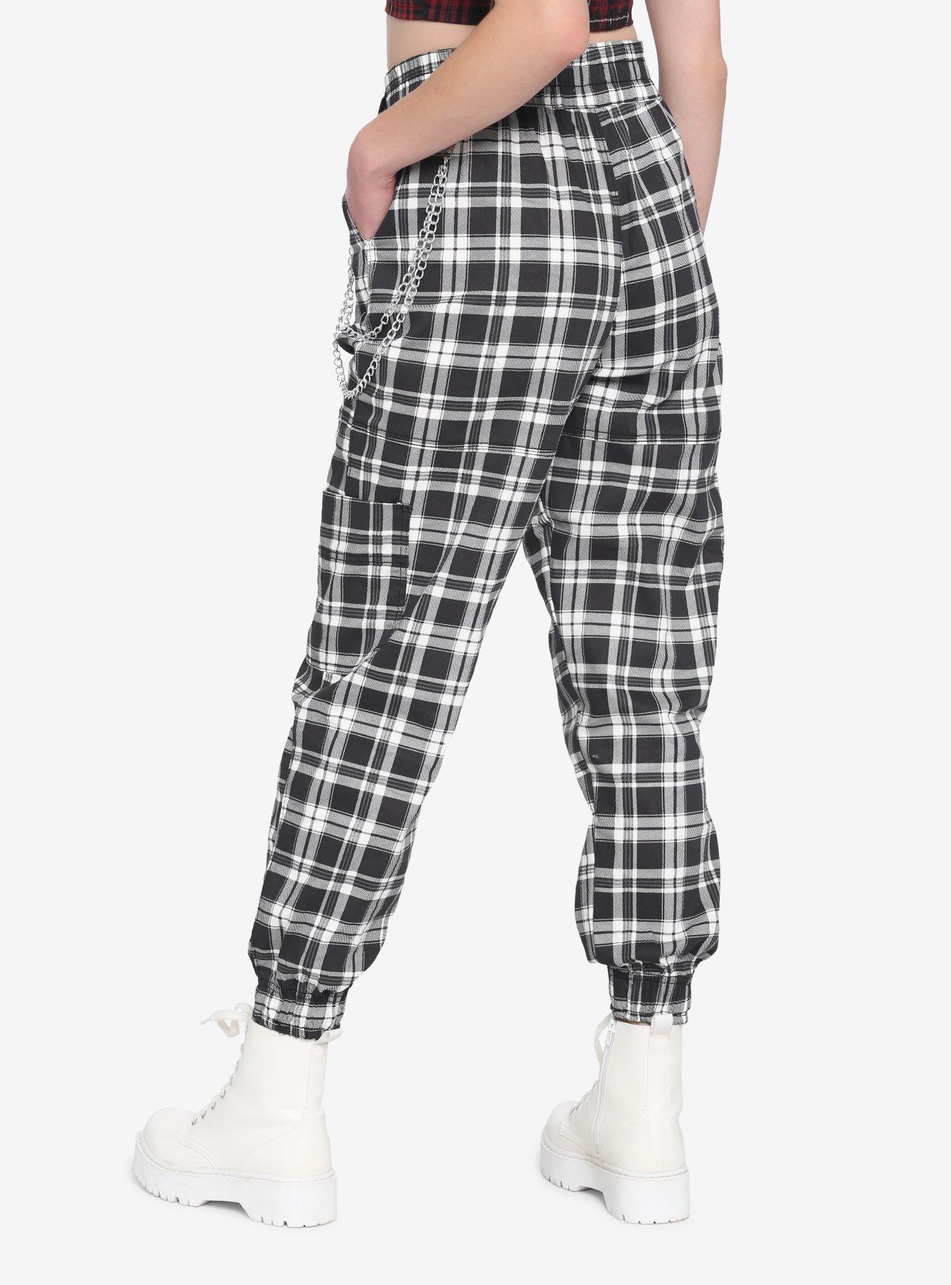 Black & White Plaid Chain Girls Jogger Pants, BLACK, alternate
