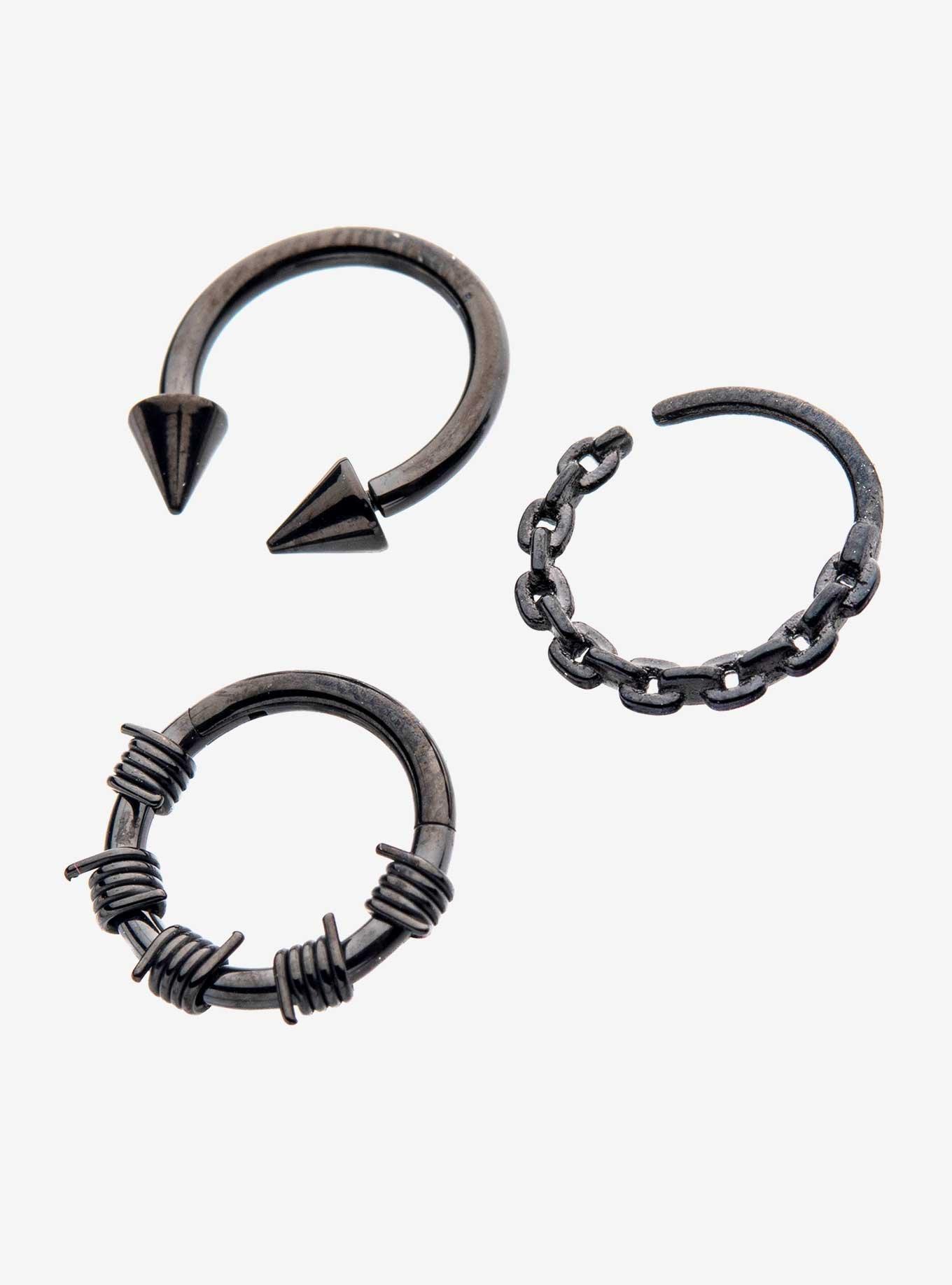 Steel Black Barbed Wire Chain Septum Hoop & Clicker 3 Pack, , alternate