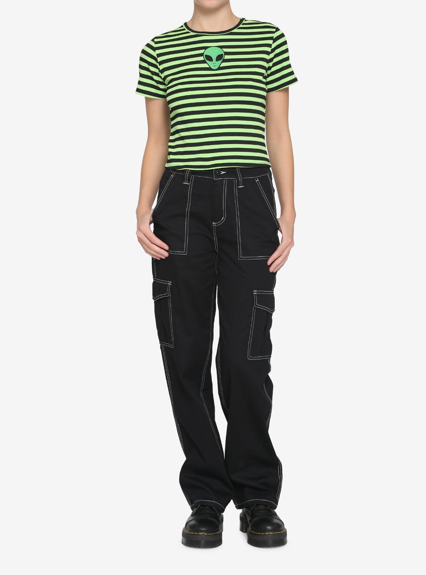 Black & Green Alien Girls Crop Baby T-Shirt, STRIPE - GREEN, alternate
