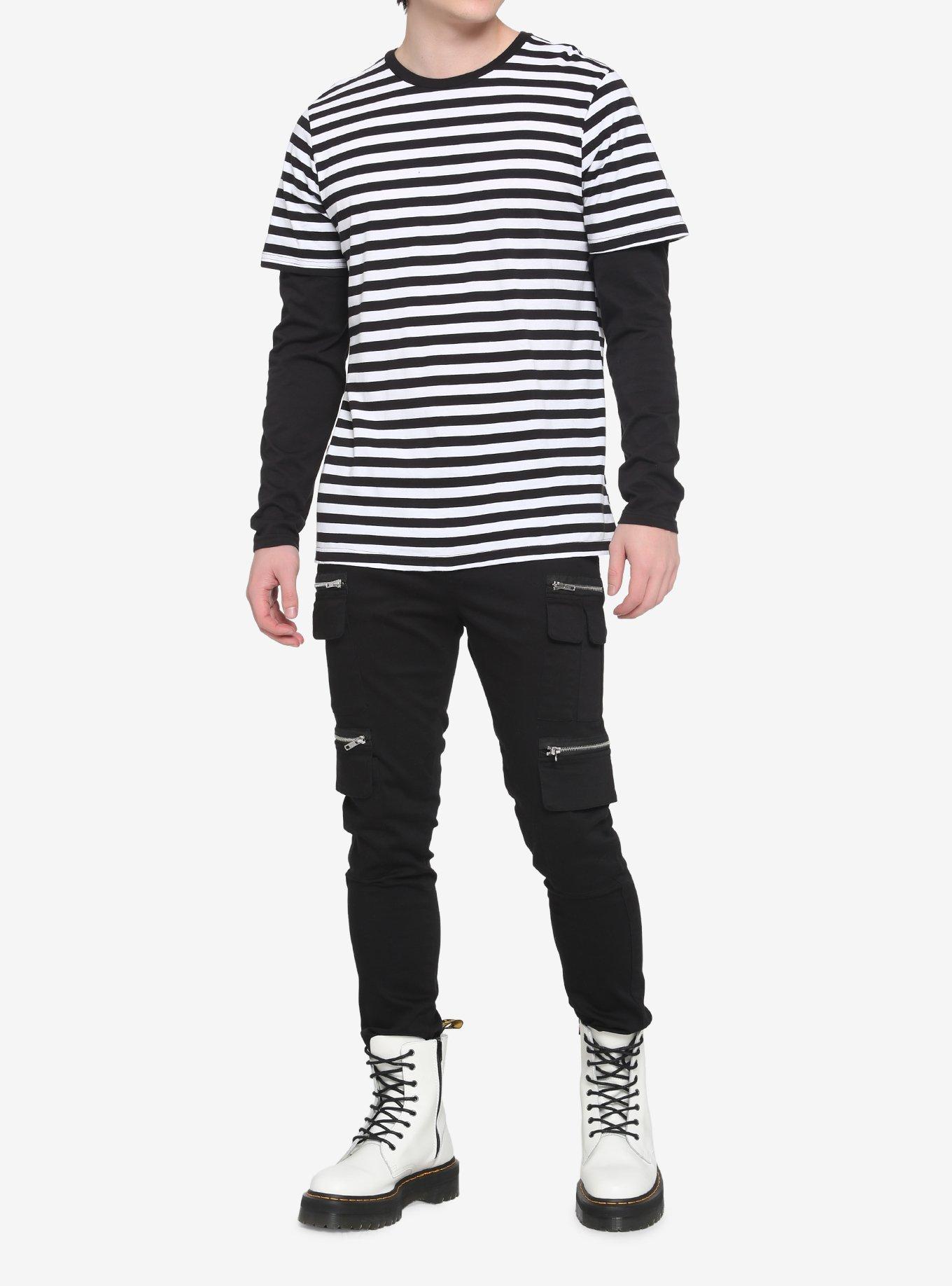 Black & White Stripe Twofer Long-Sleeve T-Shirt, BLACK  WHITE, alternate