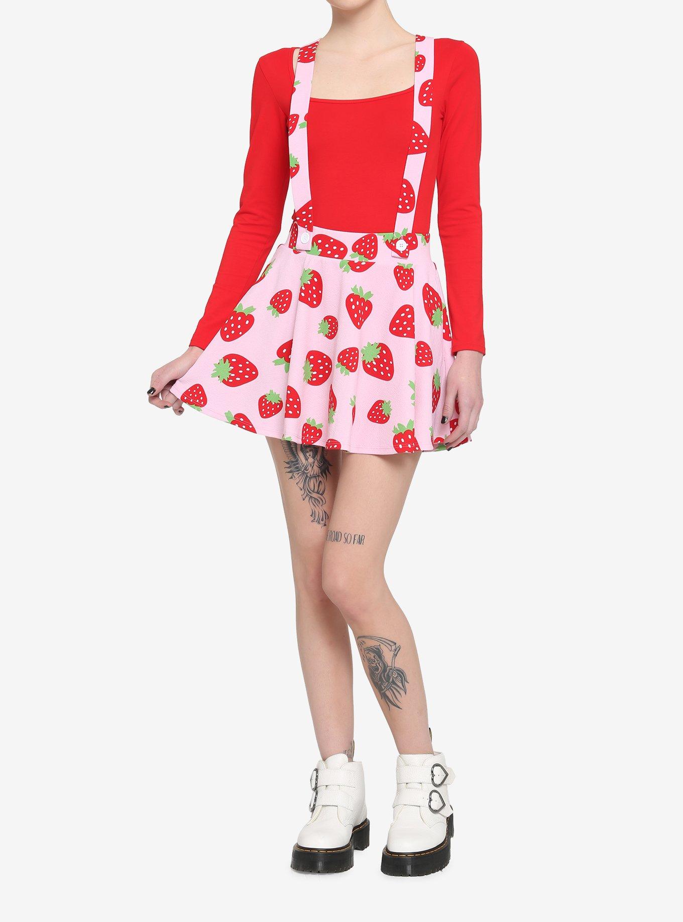 Pink Strawberry Suspender Skater Skirt, PINK, alternate