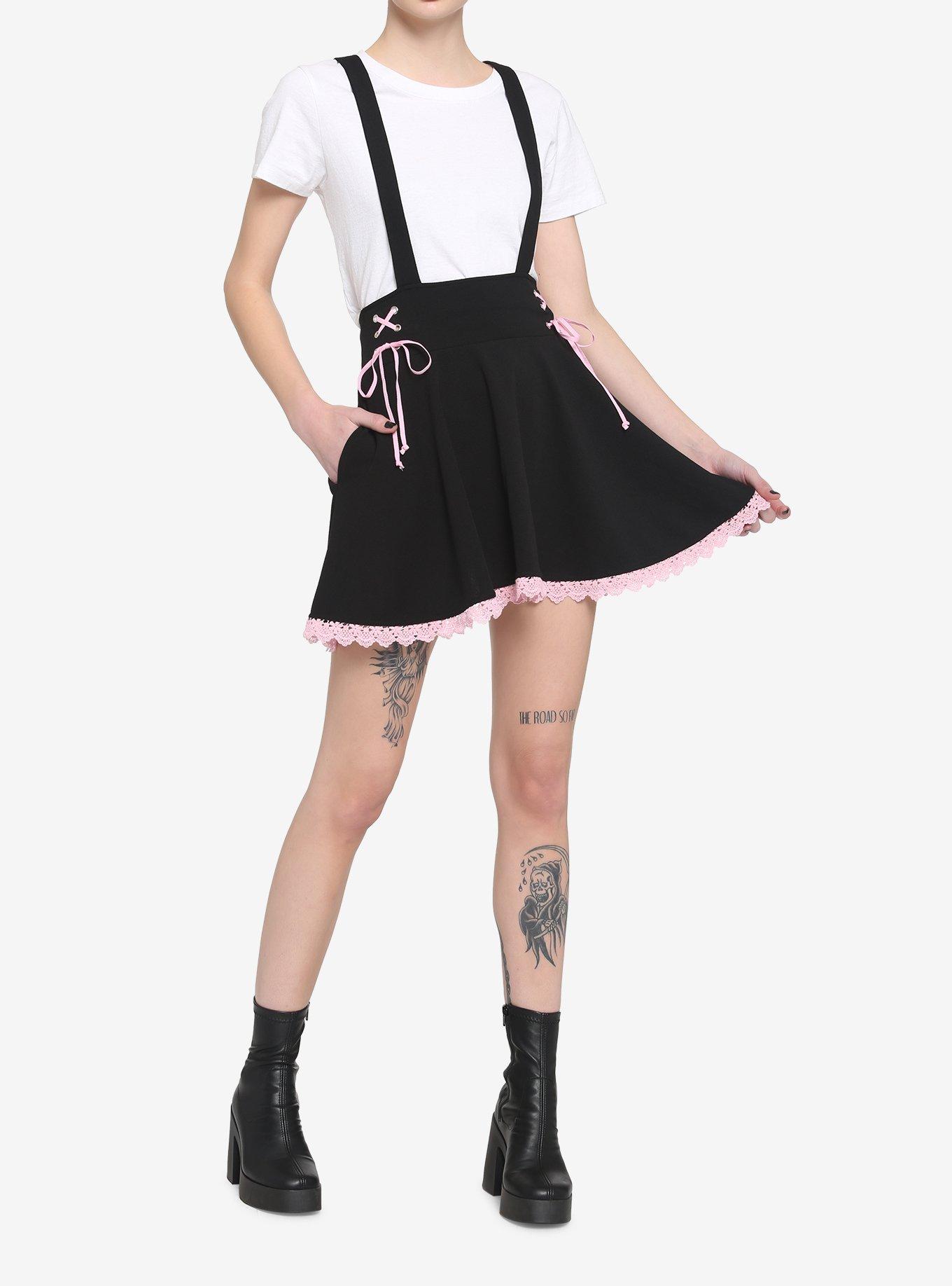 Black & Pink Lace-Up Suspender Skirt, BLACK, alternate