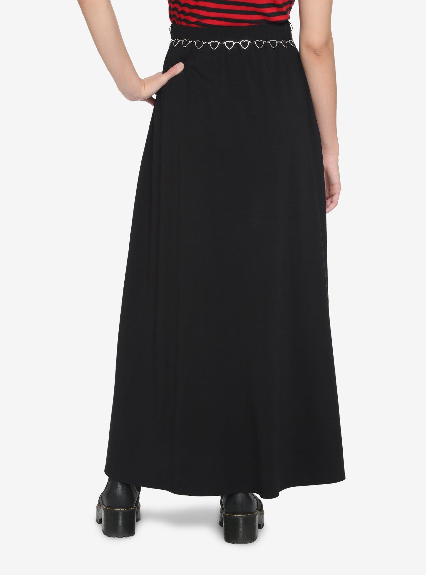 Black Heart Chain Belt Slit Maxi Skirt, BLACK, alternate