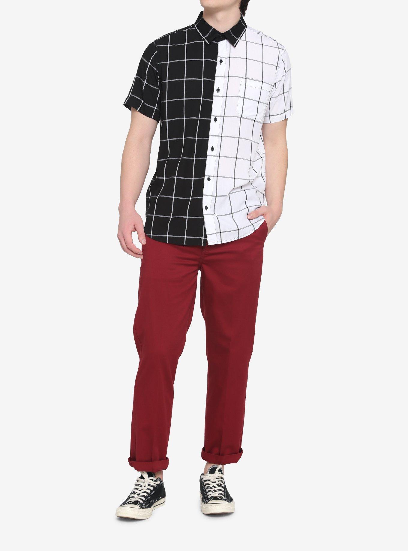 Black & White Split Grid Woven Button-Up, BLACK  WHITE, alternate