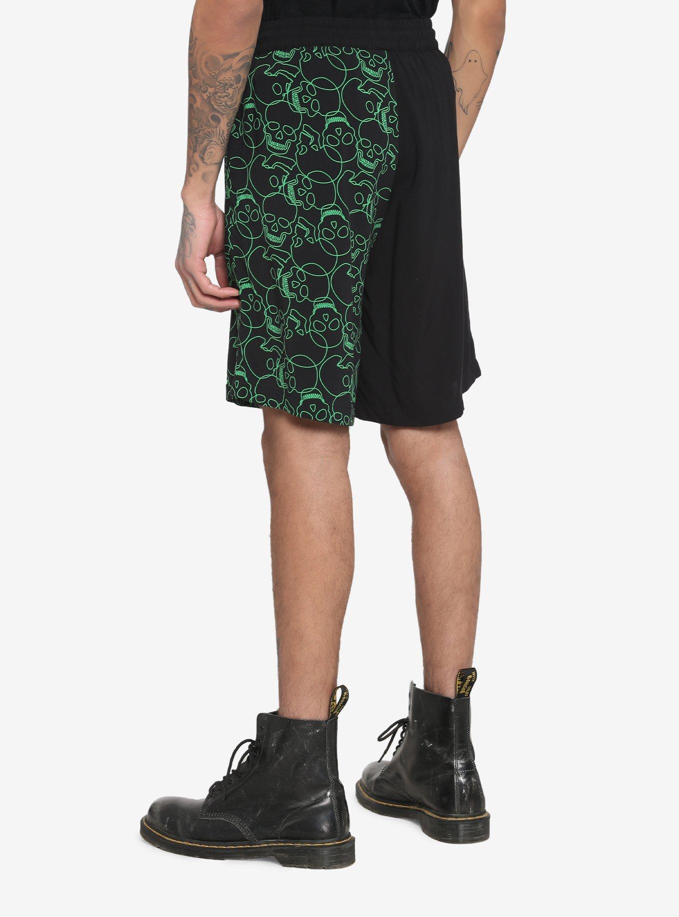 Black & Green Skull Split Volley Shorts, BLACK, alternate